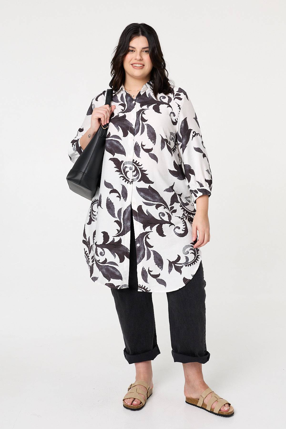Curve Printed Relaxed Midi Shirt Dress Styled View