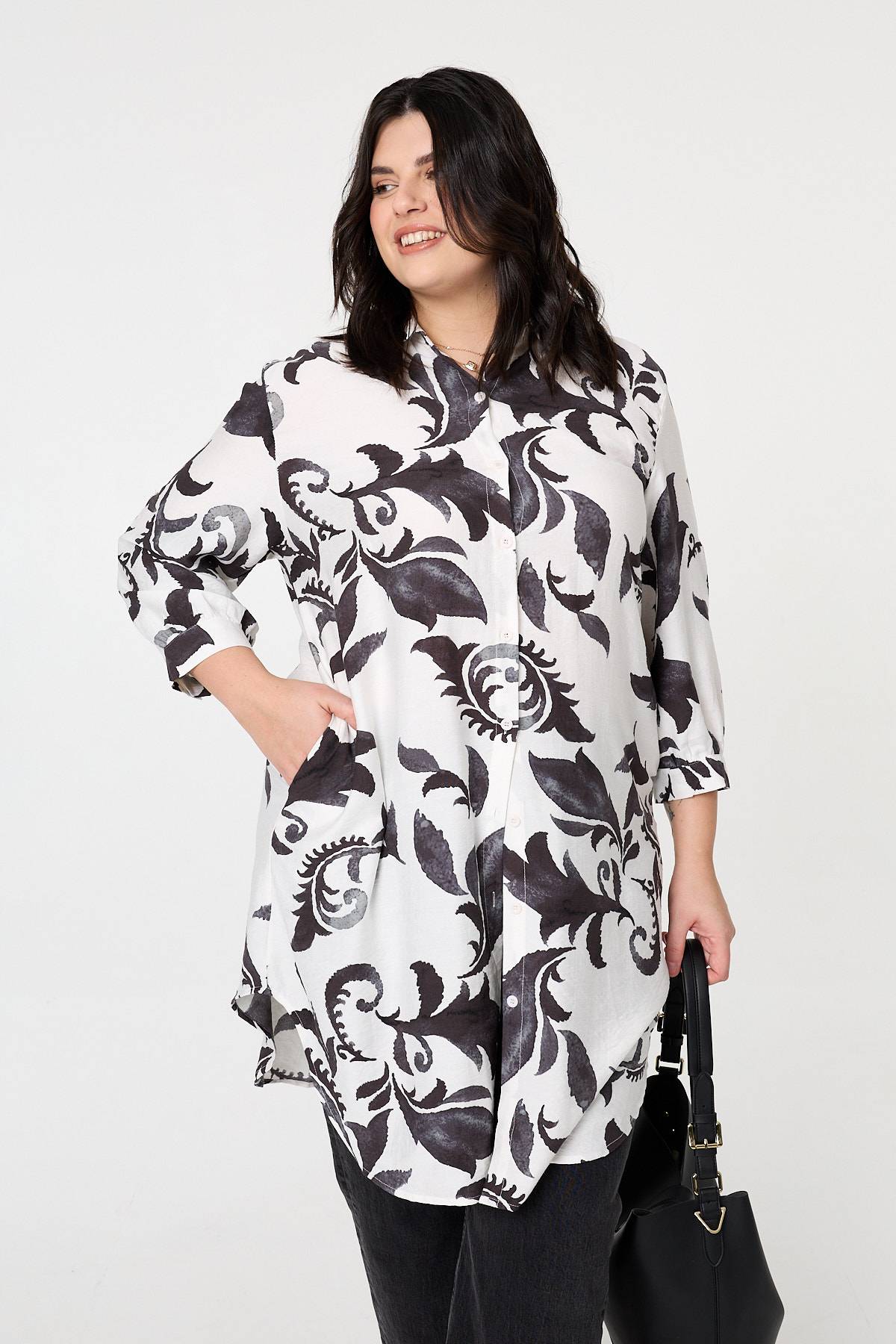 Curve Printed Relaxed Midi Shirt Dress Front View
