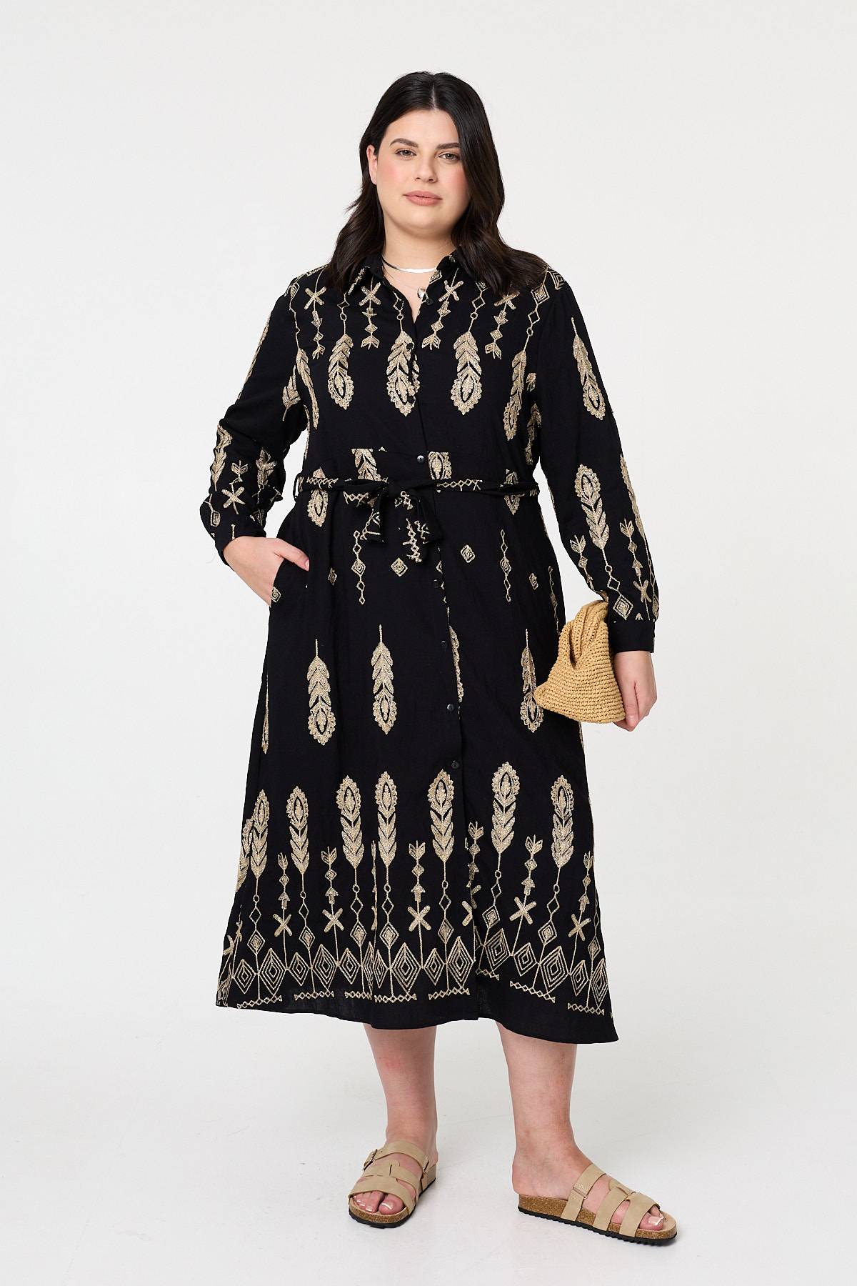 Curve Embroidered Midi Shirt Dress Full Length View