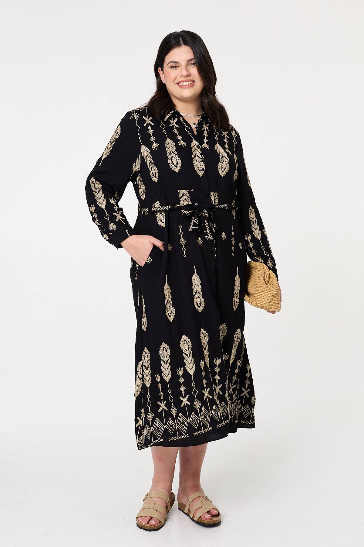 Curve Embroidered Midi Shirt Dress Front View