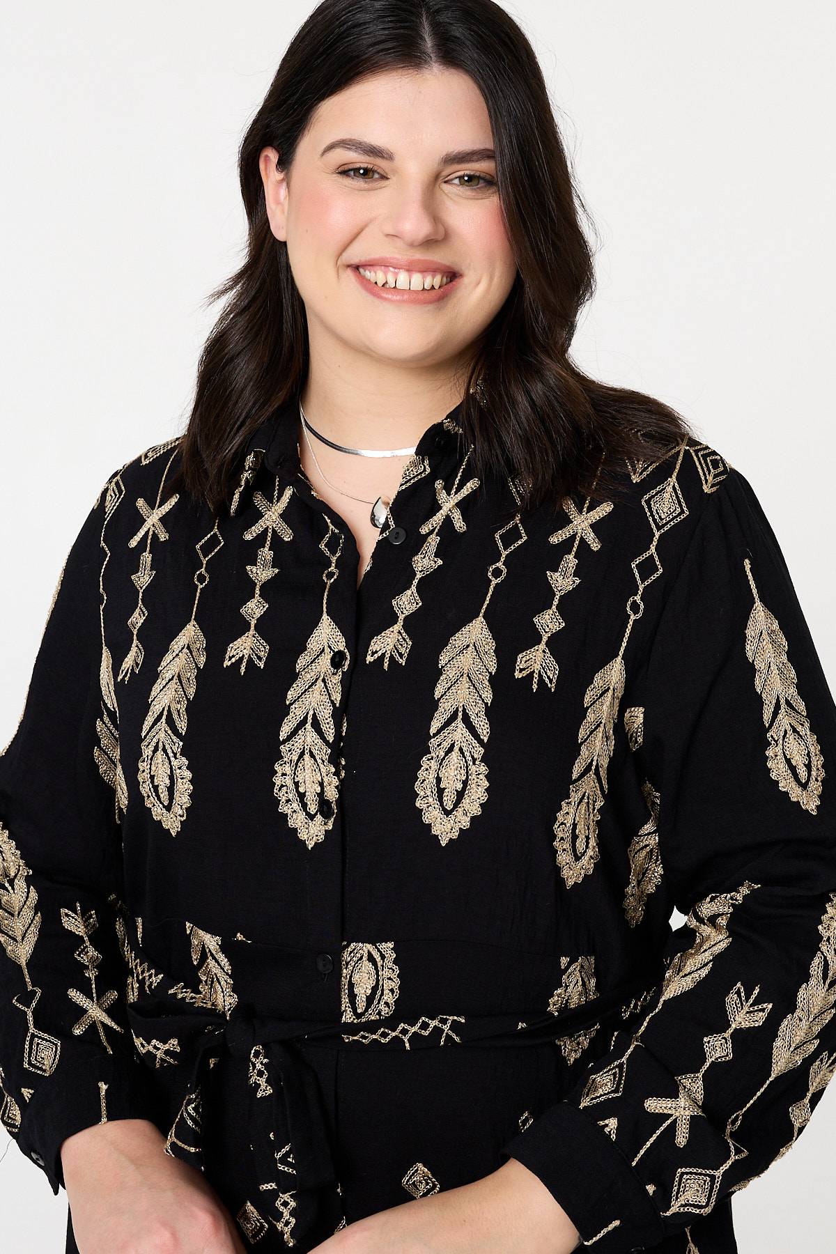 Curve Embroidered Midi Shirt Dress Styled View