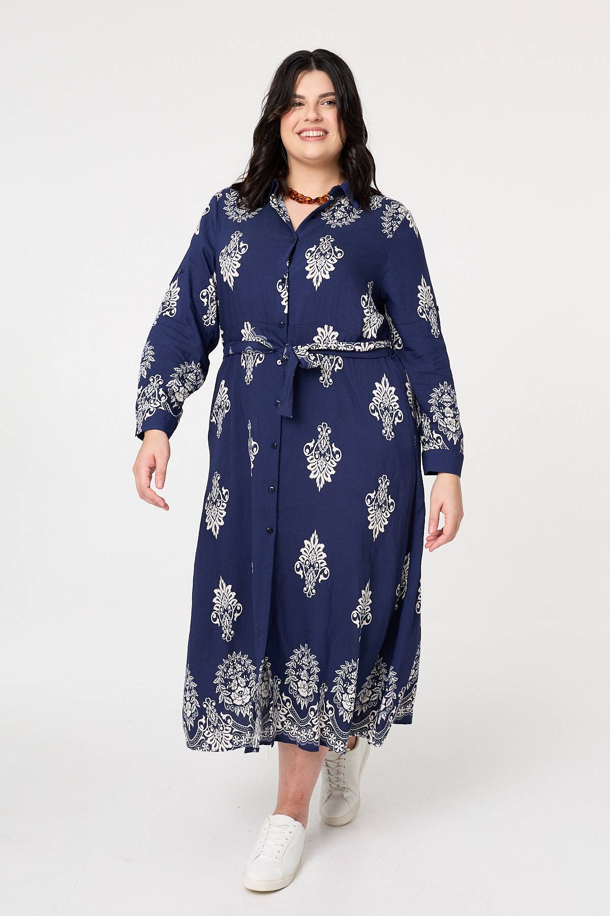 Curve Baroque Print Maxi Shirt Dress Front View