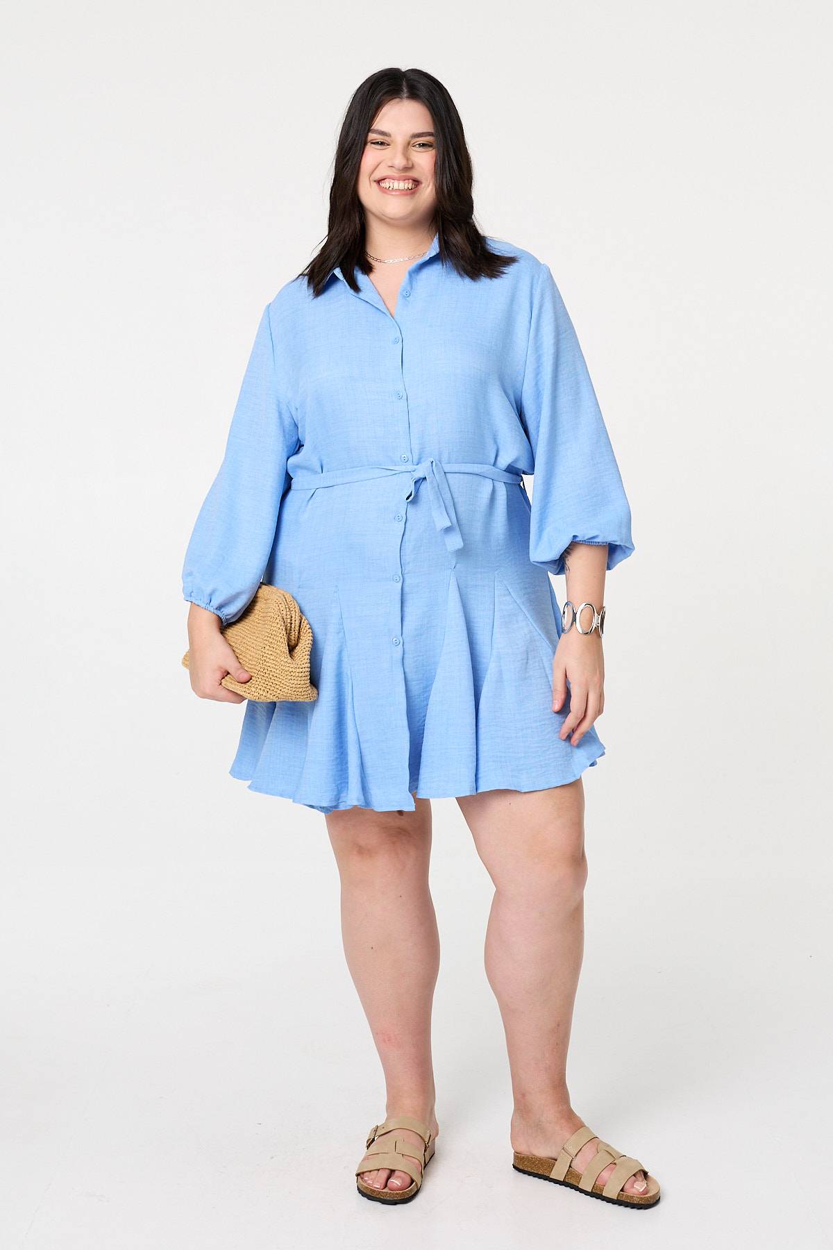 Curve Tie Waist Knee Length Shirt Dress Back View