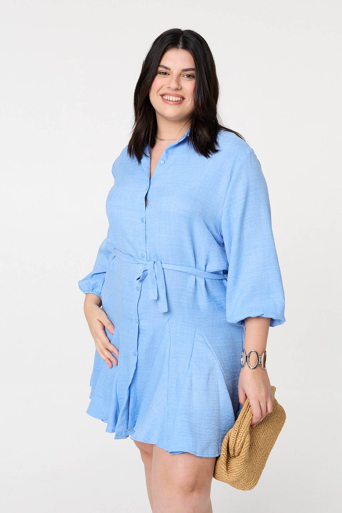Curve Tie Waist Knee Length Shirt Dress Front View