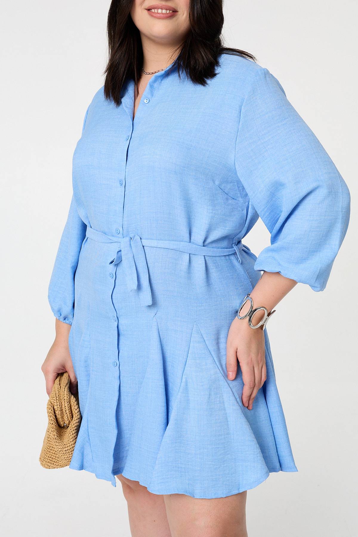 Curve Tie Waist Knee Length Shirt Dress Styled View