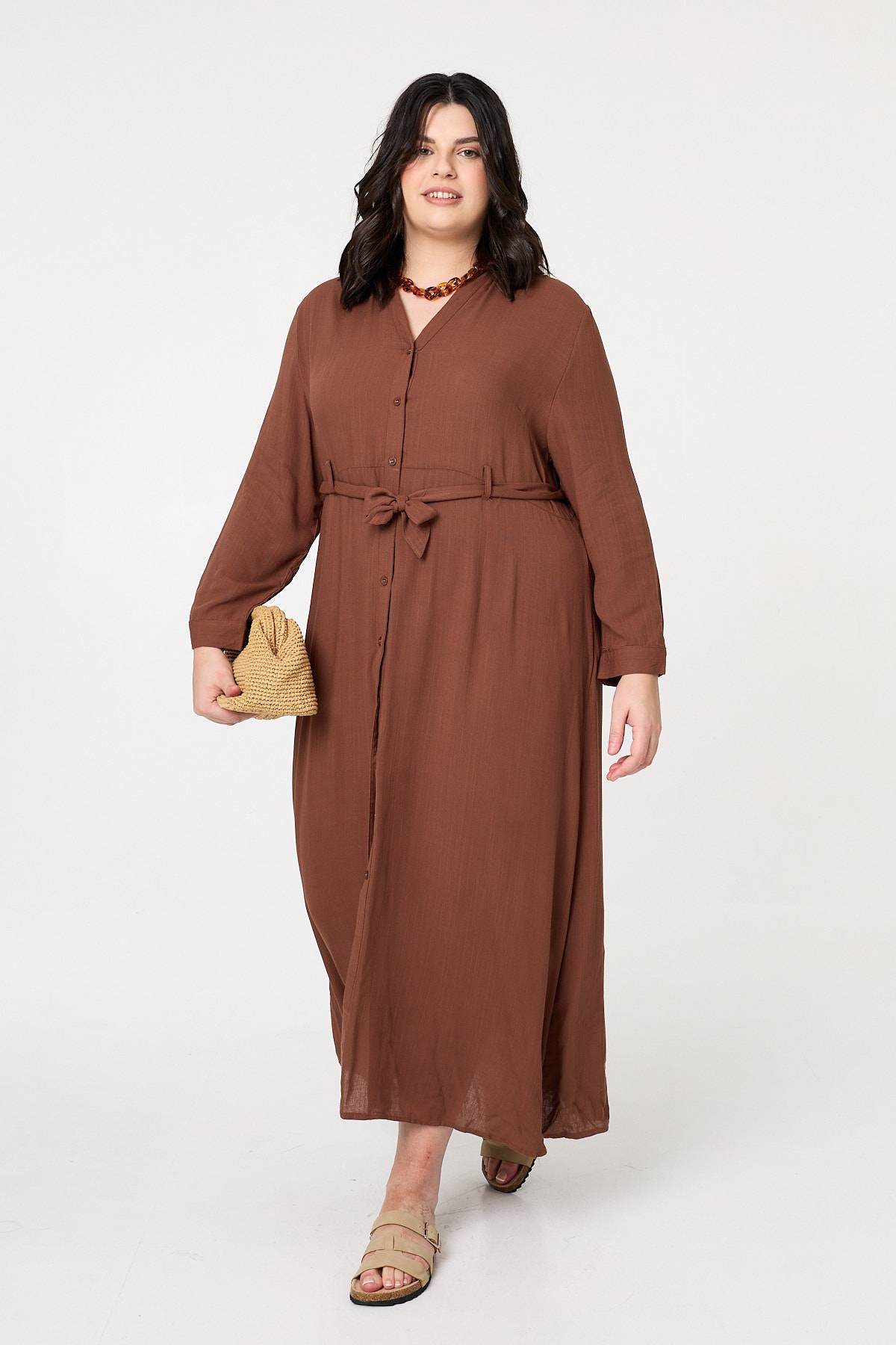 Curve Long Sleeve Tie Waist Maxi Dress Front View
