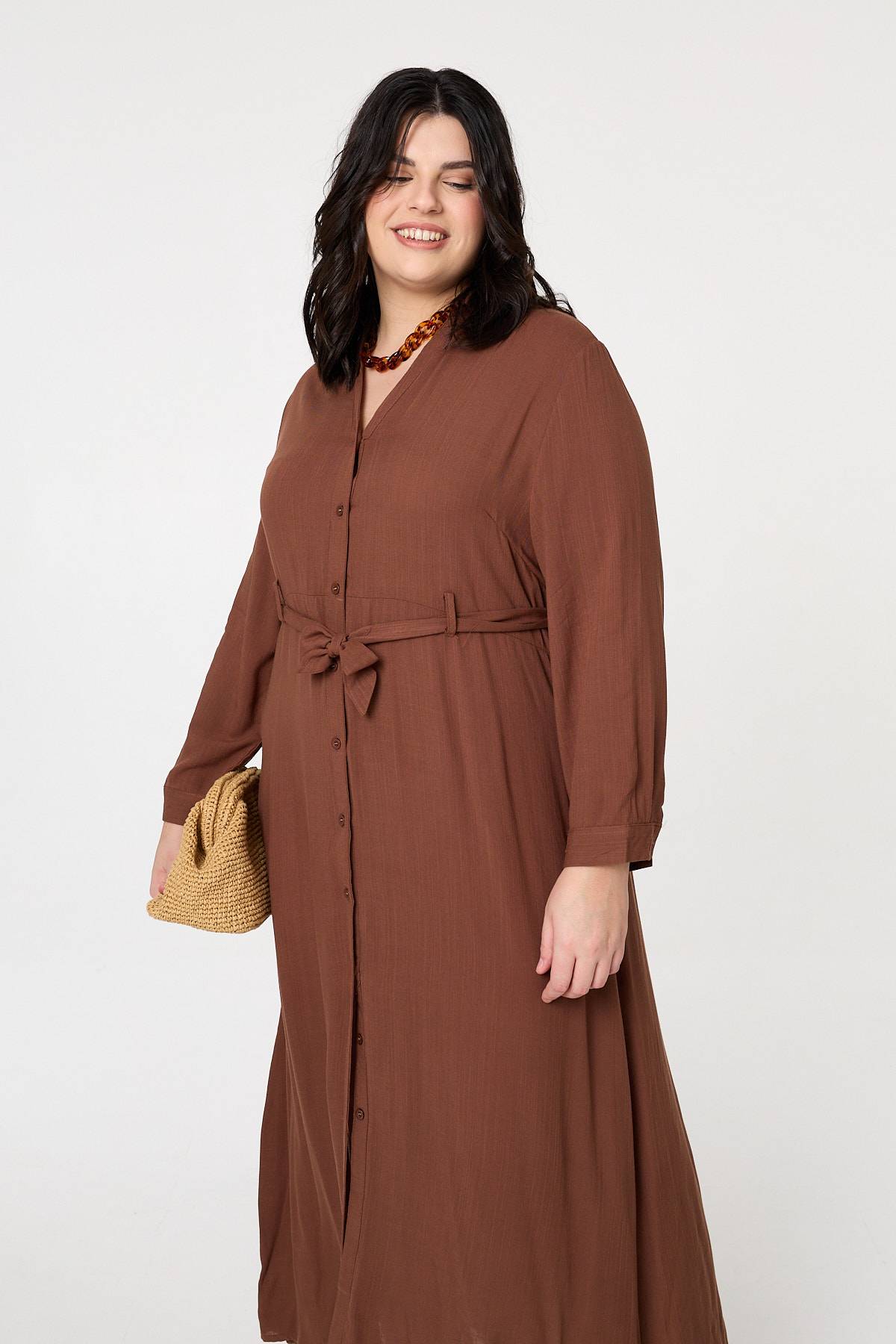 Curve Long Sleeve Tie Waist Maxi Dress Back View