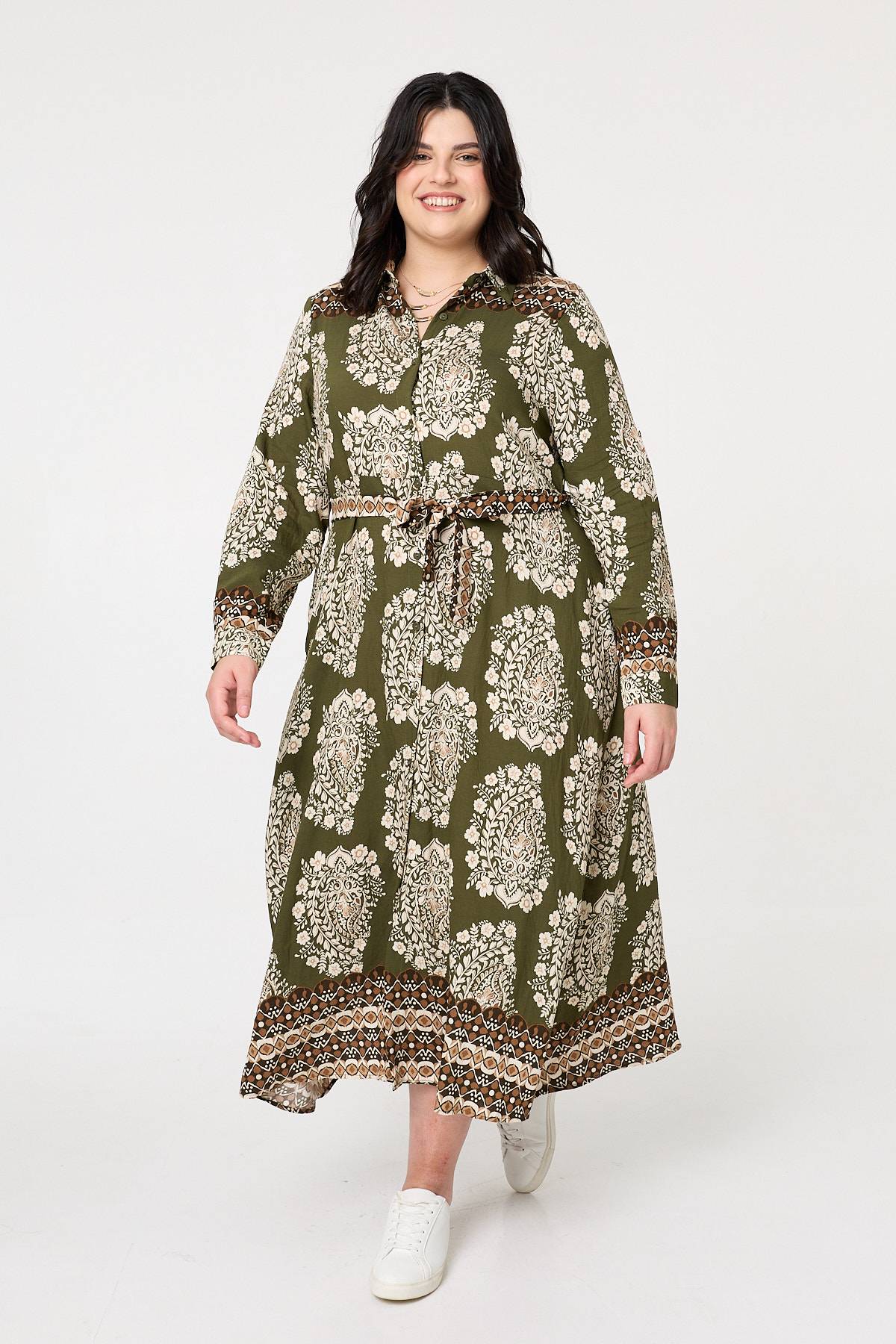 Curve Printed Tie Waist Maxi Shirt Dress Front View