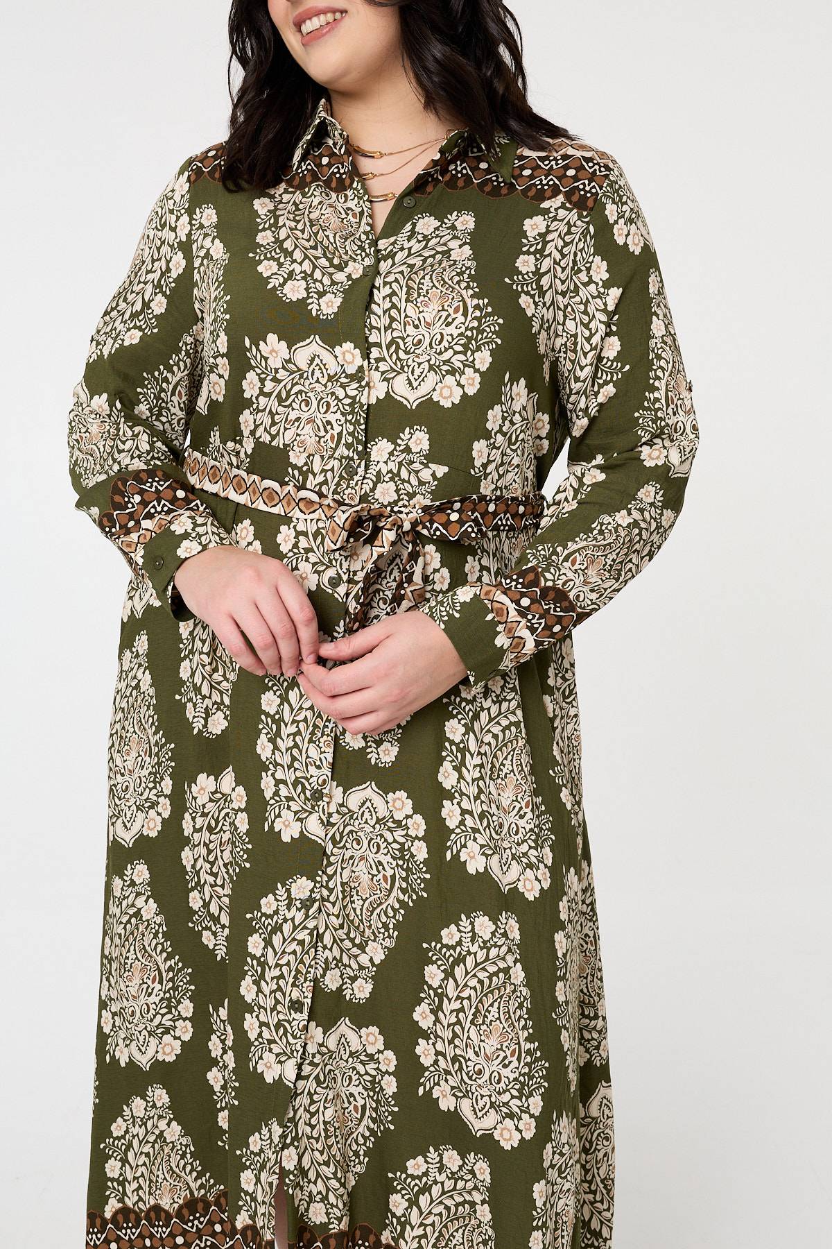 Curve Printed Tie Waist Maxi Shirt Dress Styled View