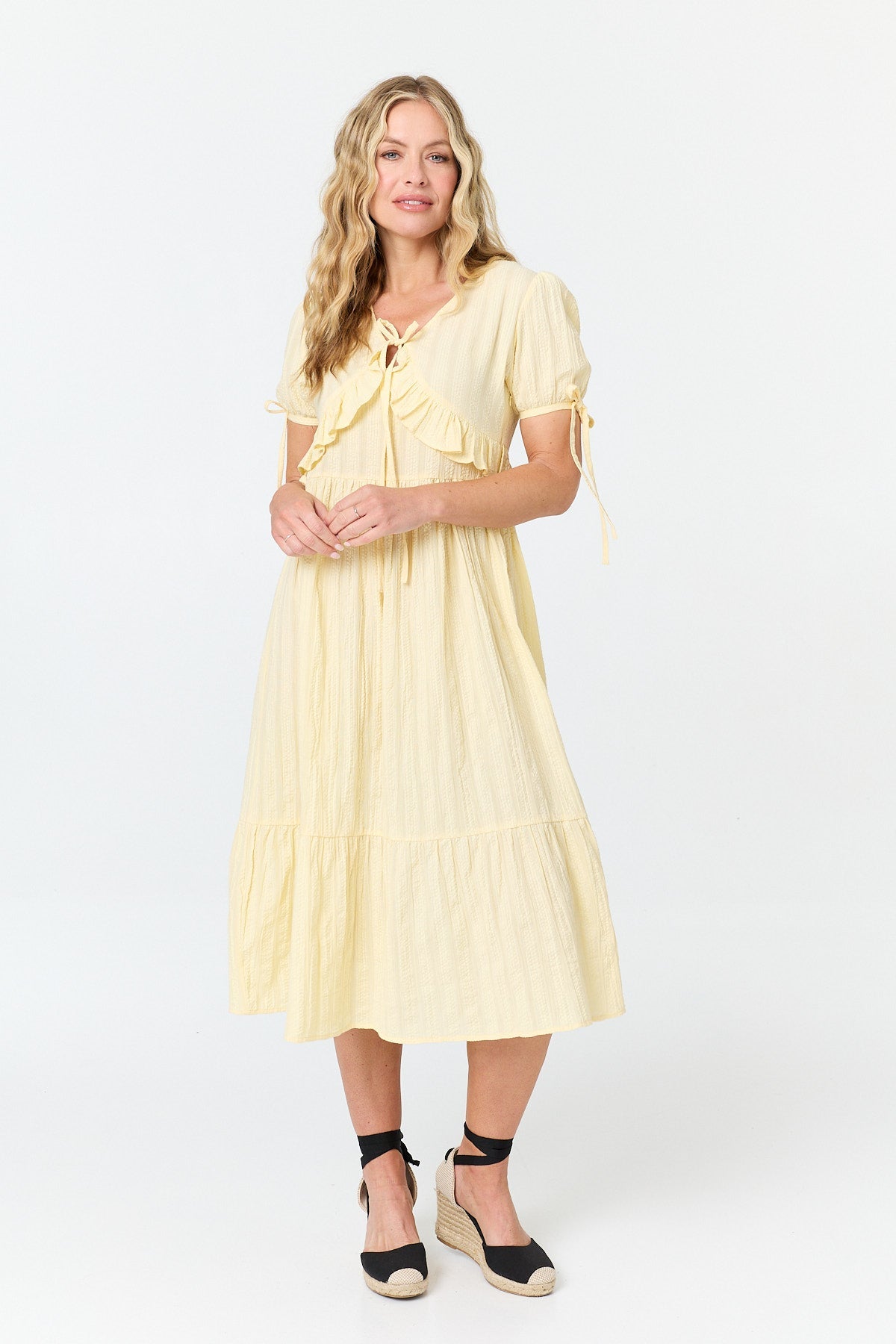 Ruffle Front Short Sleeve Midi Dress Front View