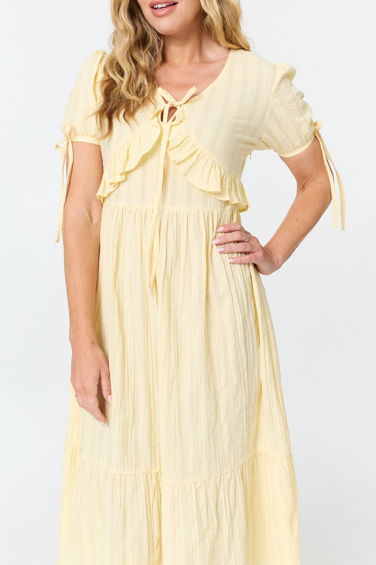 Ruffle Front Short Sleeve Midi Dress Full Length View