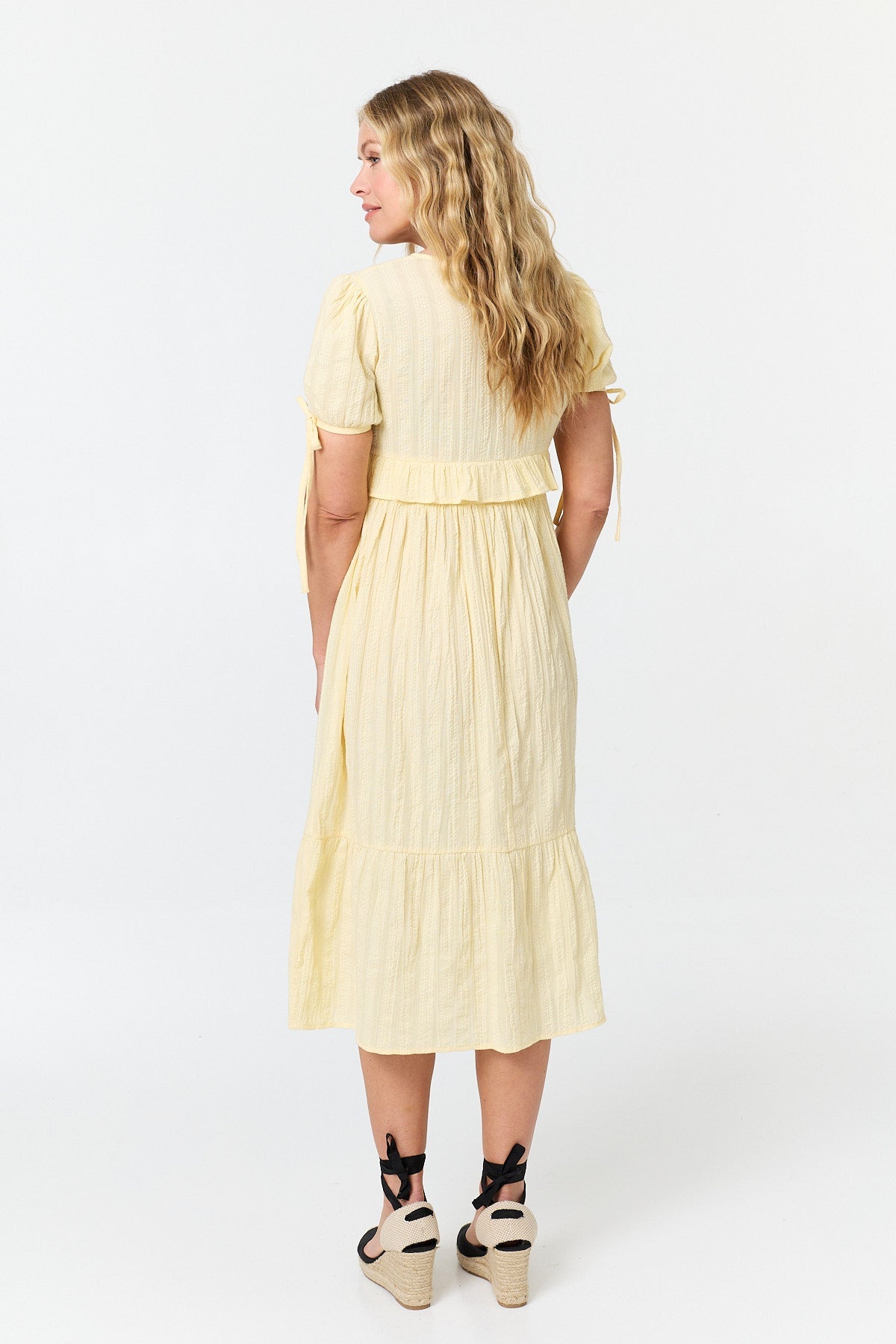 Ruffle Front Short Sleeve Midi Dress Detail View
