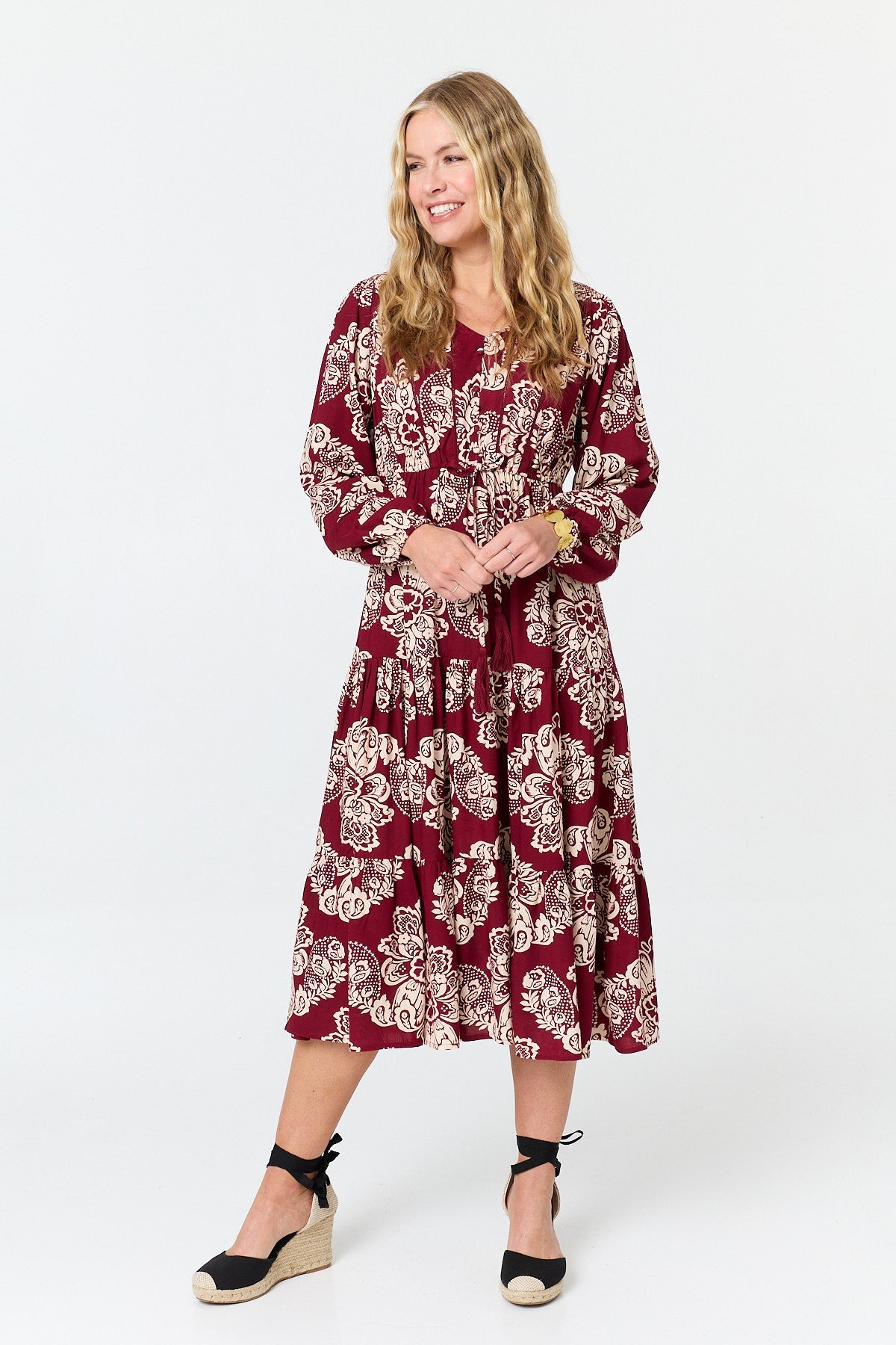Floral Long Sleeve Relaxed Midi Dress Front View