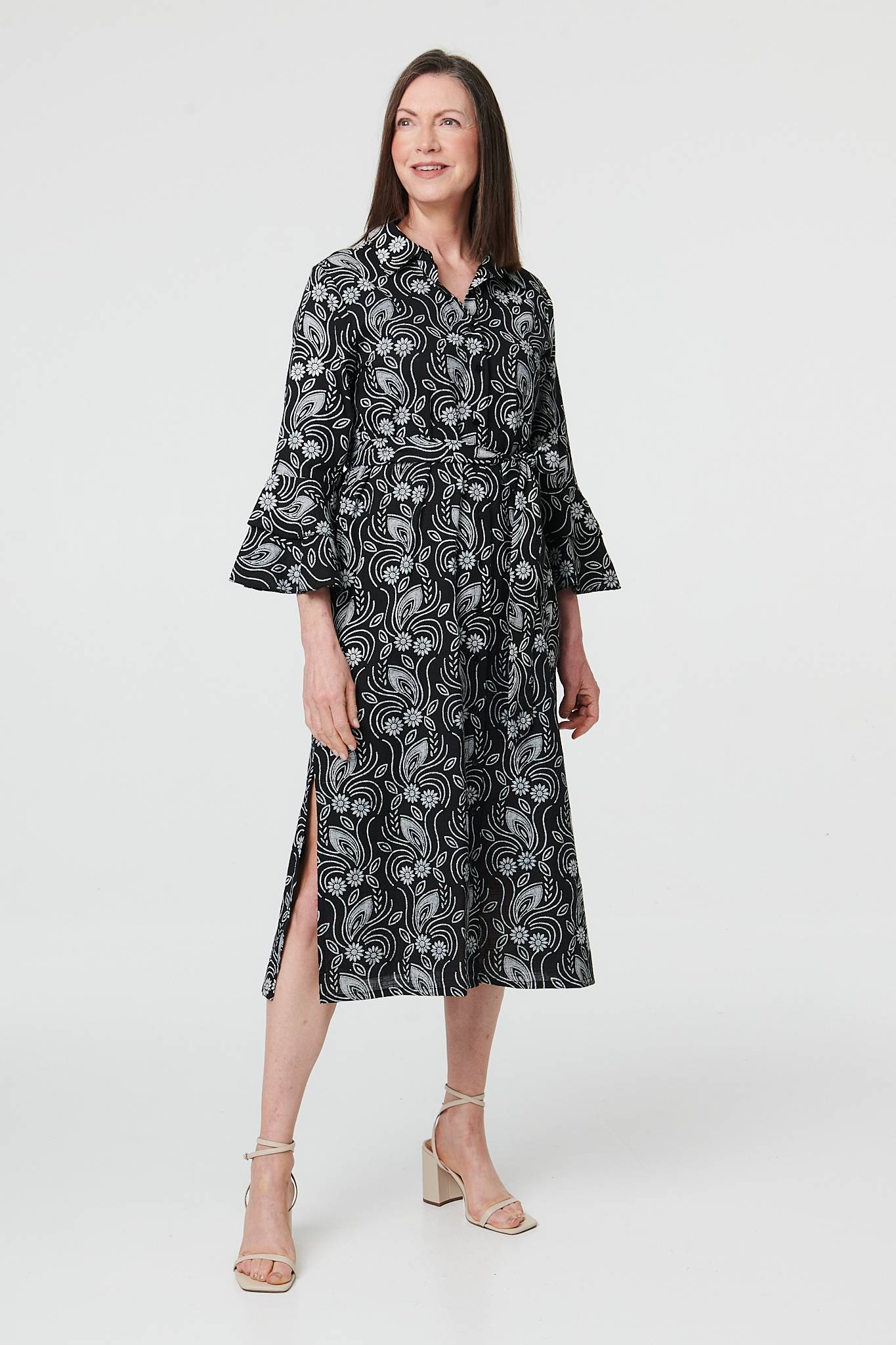 Floral 3/4 Sleeve Tie Midi Shirt Dress Front View