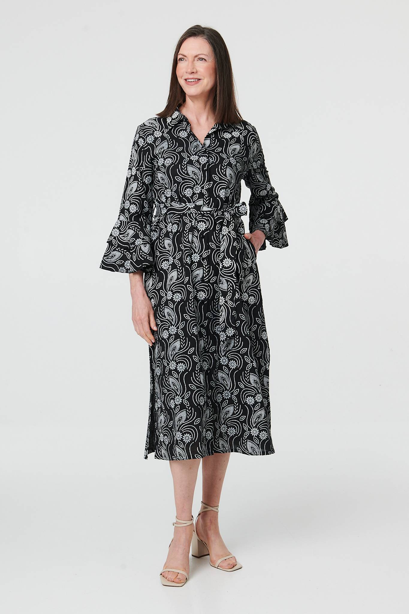 Floral 3/4 Sleeve Tie Midi Shirt Dress Styled View