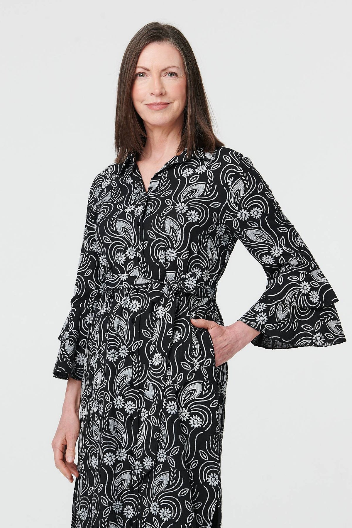 Floral 3/4 Sleeve Tie Midi Shirt Dress Back View