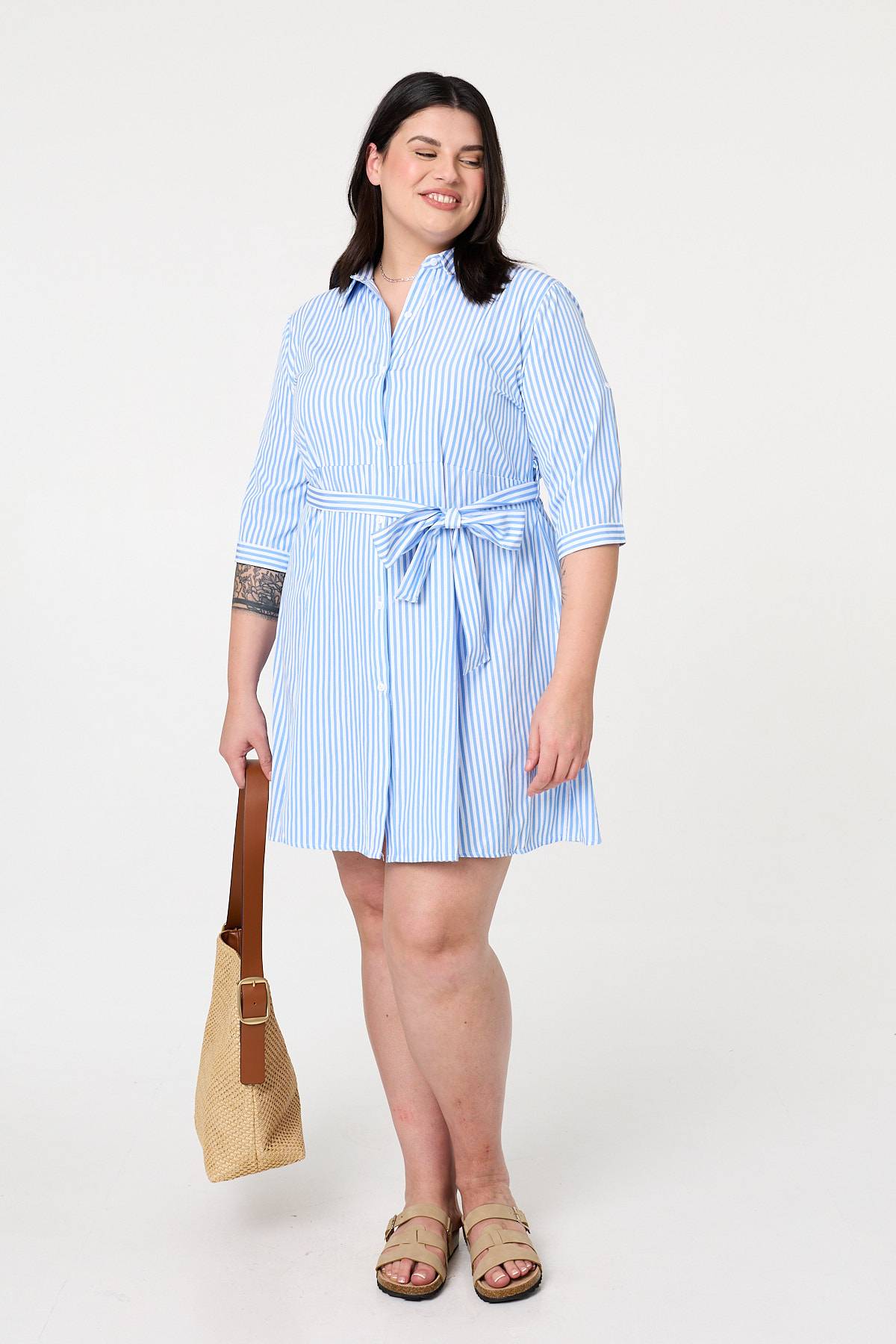 Curve Striped Knee Length Shirt Dress Full Length View