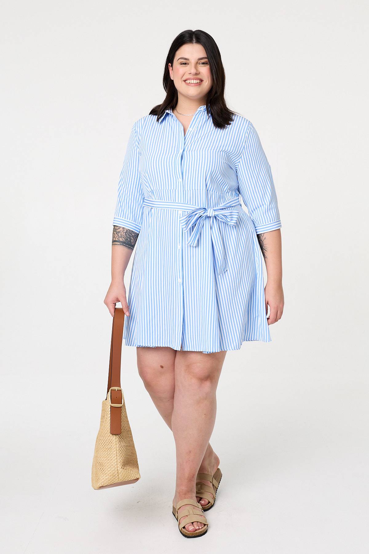 Curve Striped Knee Length Shirt Dress Back View