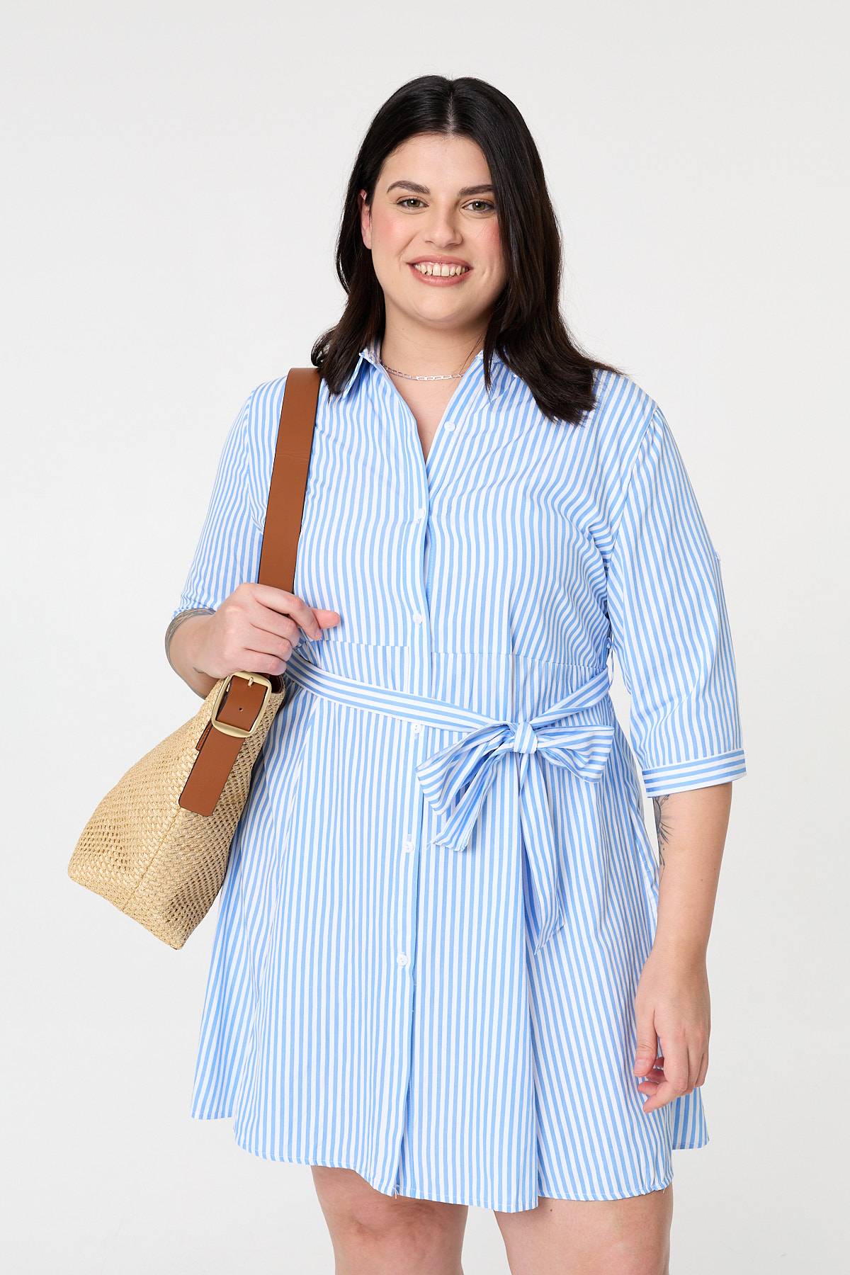 Curve Striped Knee Length Shirt Dress Front View