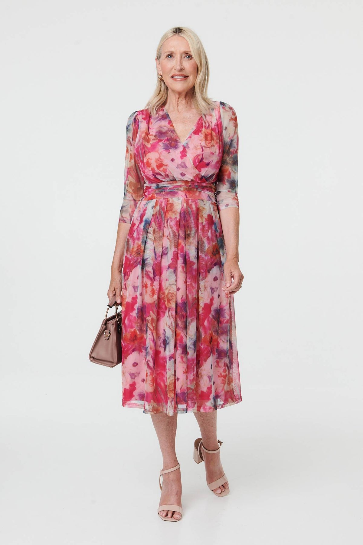 Floral Mesh Layered Pleated Midi Dress Styled View