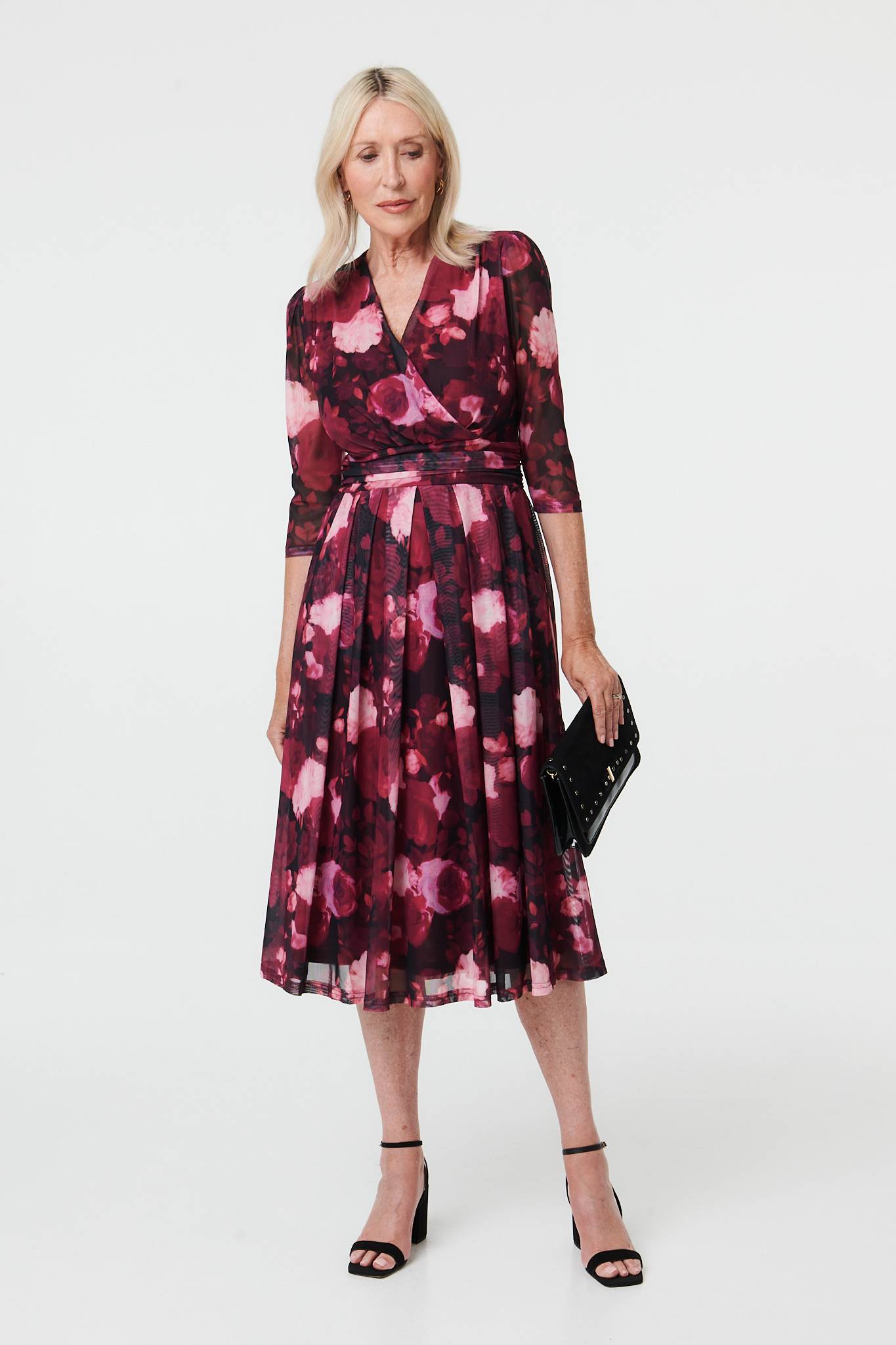Floral 3/4 Sleeve Pleat Wrap Midi Dress Detail View