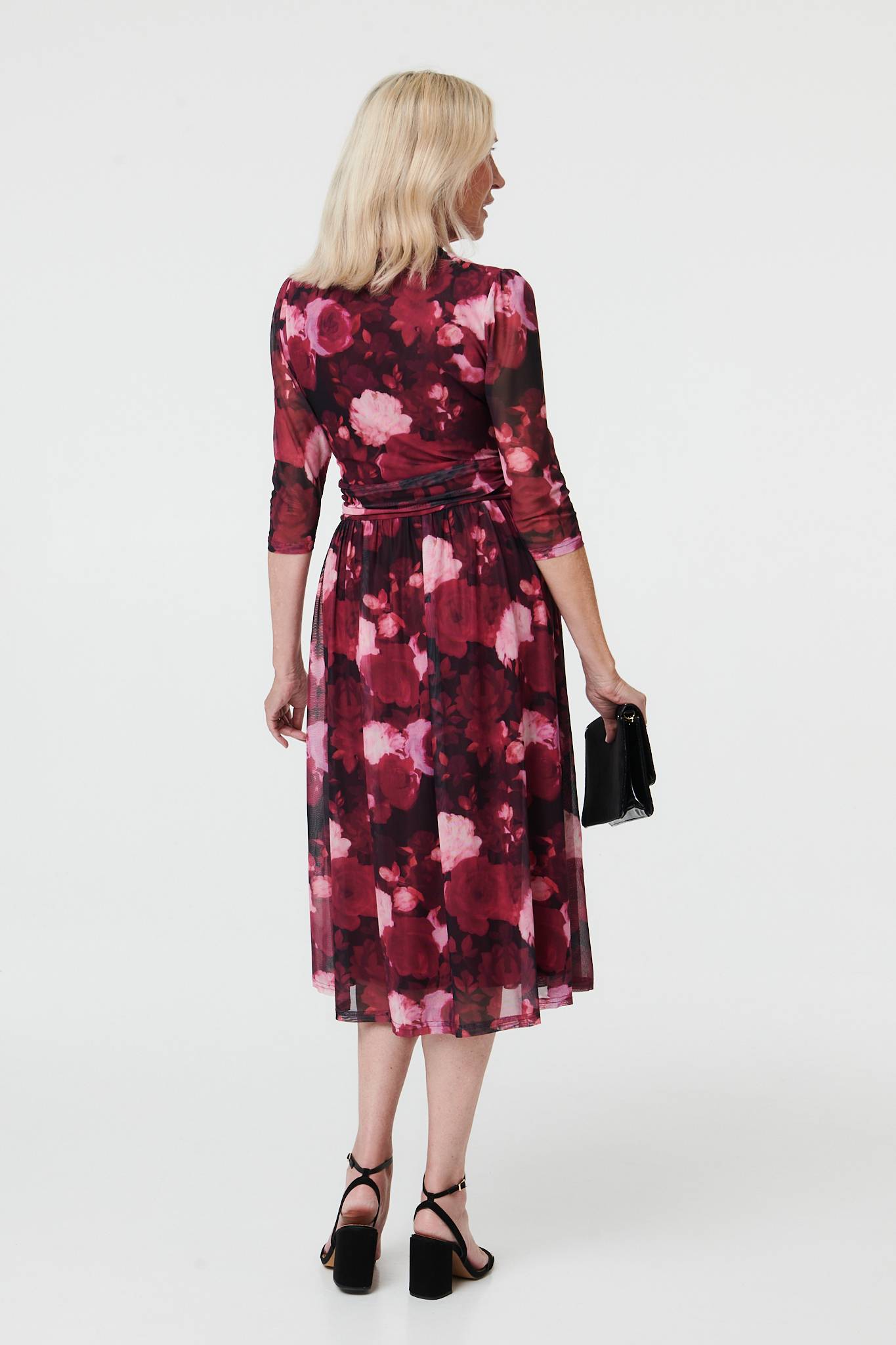 Floral 3/4 Sleeve Pleat Wrap Midi Dress Side View