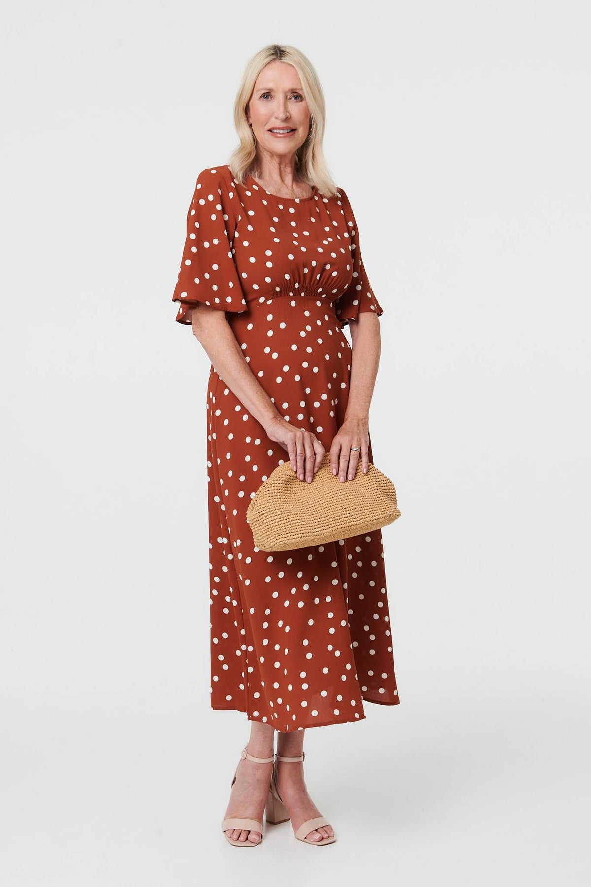 Polka Dot 1/2 Sleeve Midi Dress Front View