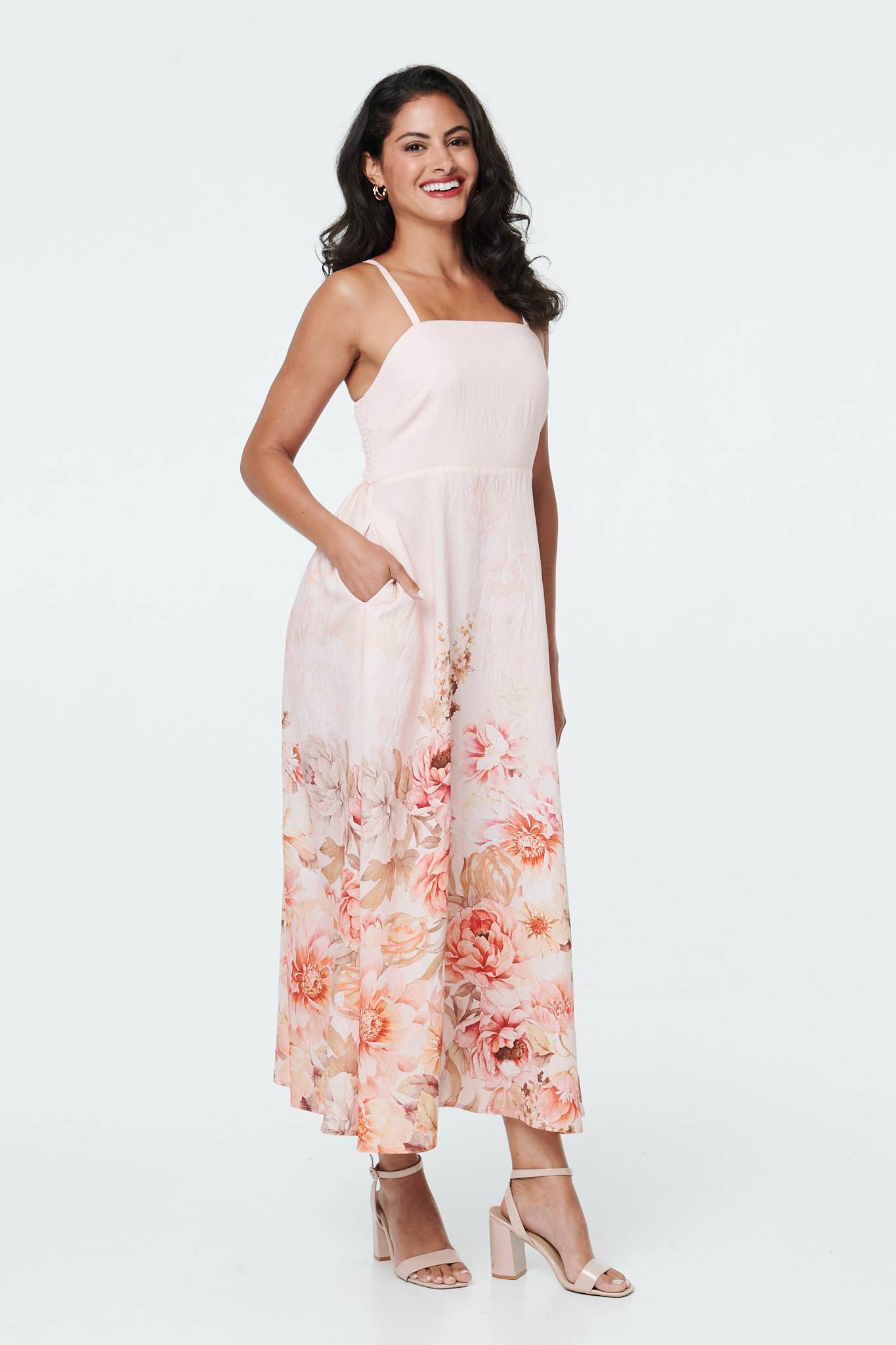 Floral Border Print Cami Midi Dress Front View