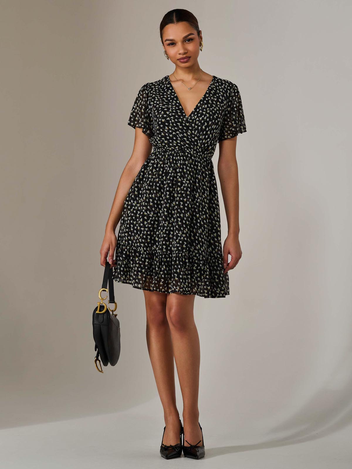 Chiffon Short Sleeve Tie Waist Mini Dress Full Length View