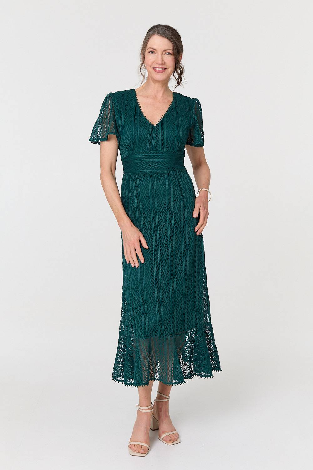 Lace Layered Short Sleeve Midi Dress Side View 3