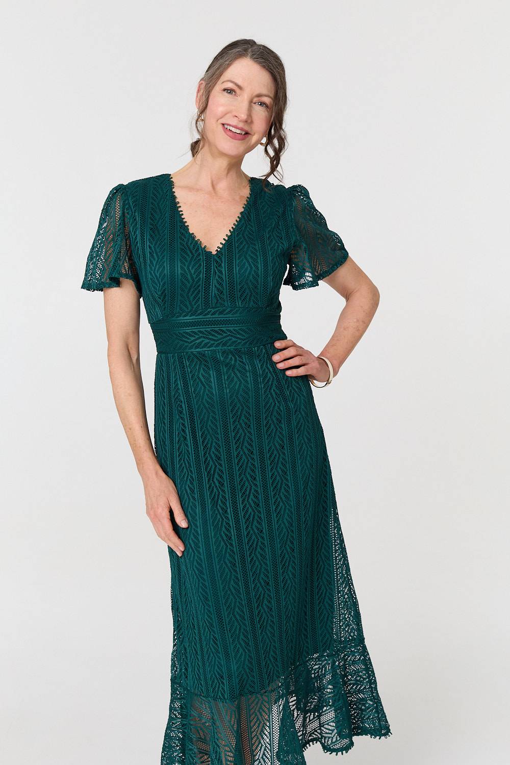 Lace Layered Short Sleeve Midi Dress Front View 3