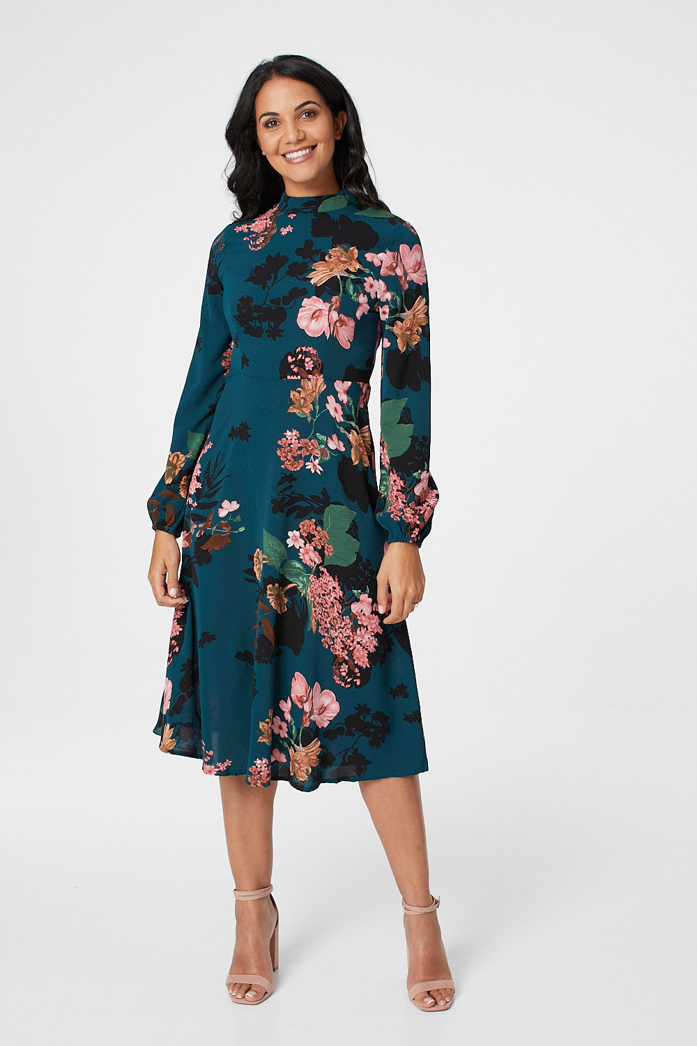Floral High Neck Midi Dress Full Length View 2