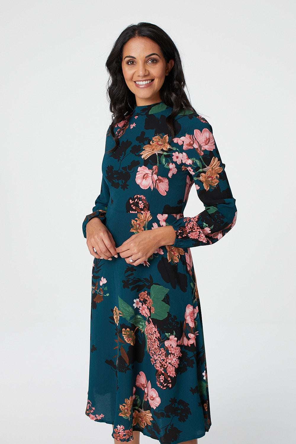 Floral High Neck Midi Dress Front View 3
