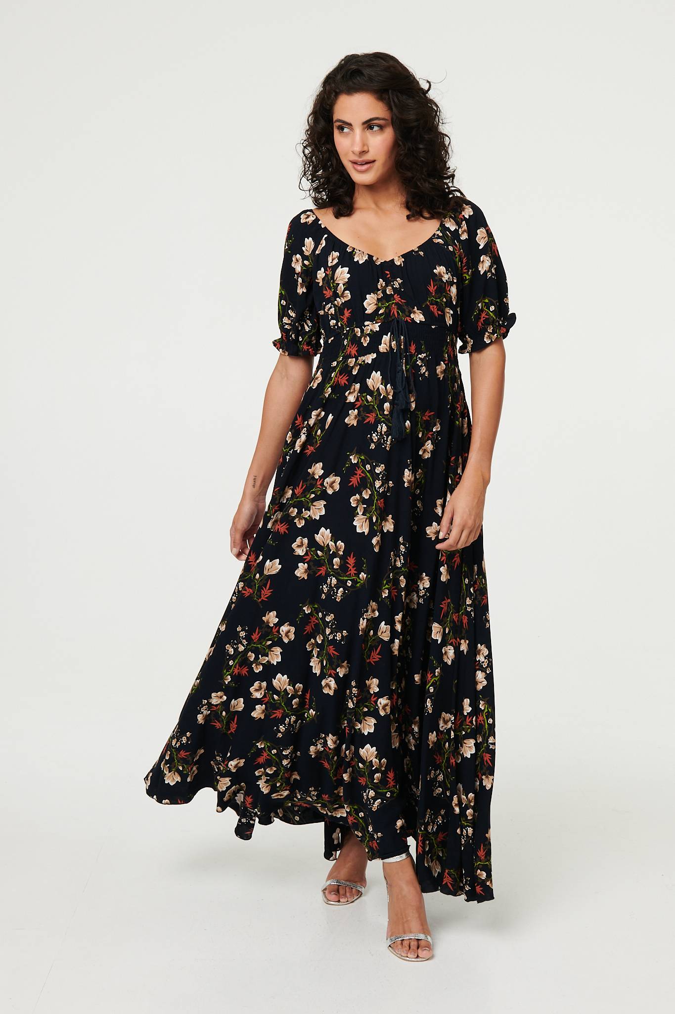 Floral Bardot Shirred Empire Maxi Dress Side View 3