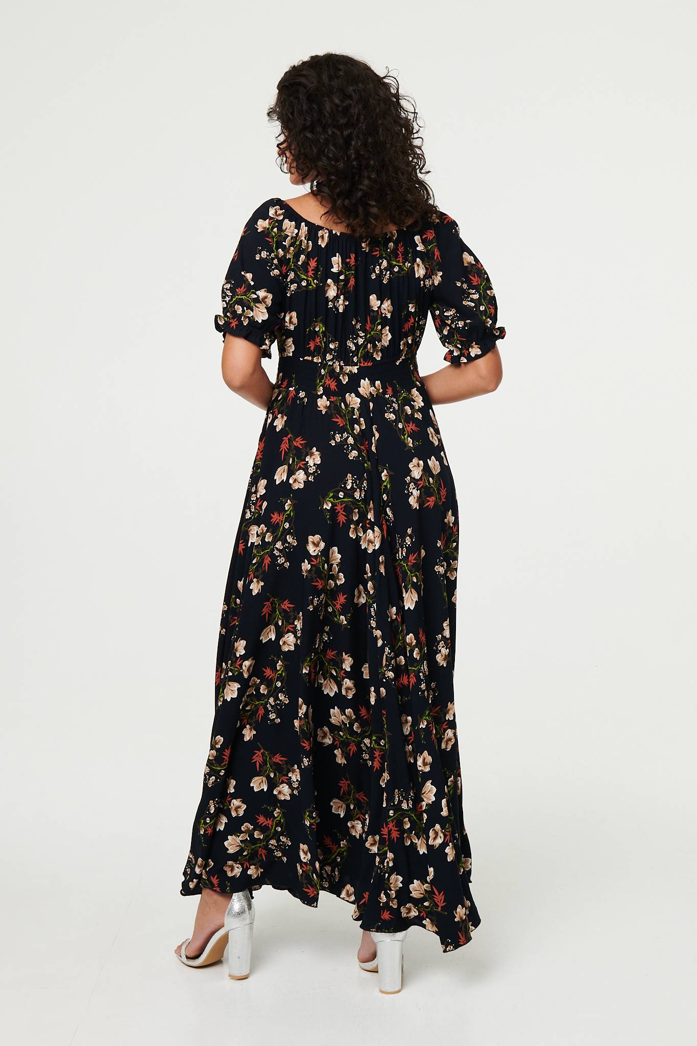Floral Bardot Shirred Empire Maxi Dress Front View 2