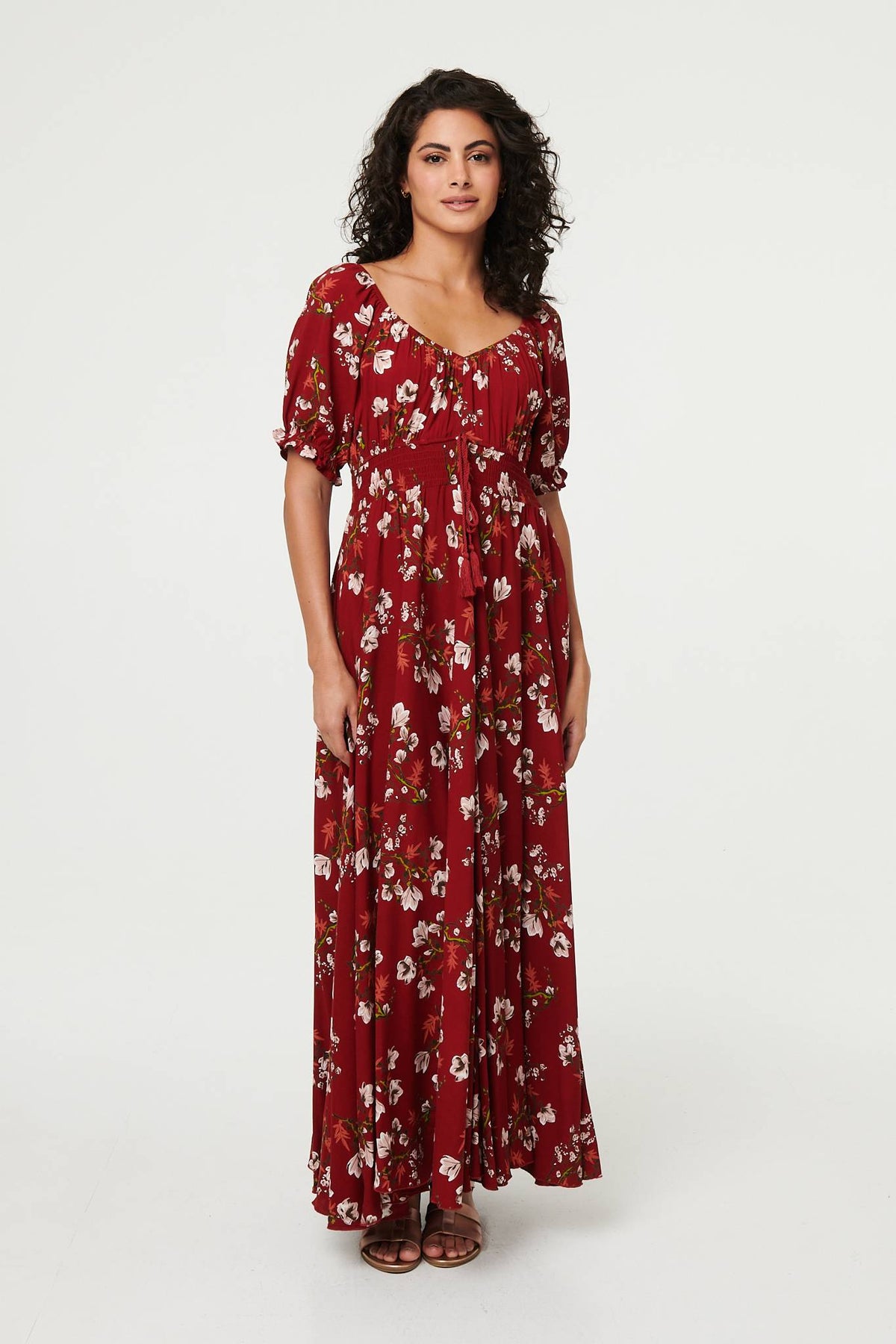 Floral Bardot Shirred Empire Maxi Dress Full Length View 2