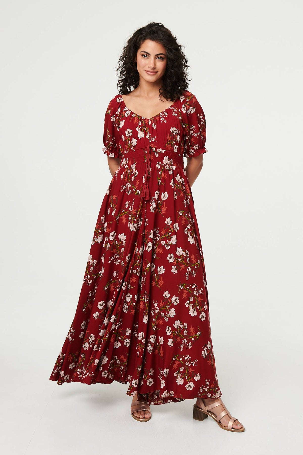 Floral Bardot Shirred Empire Maxi Dress Side View