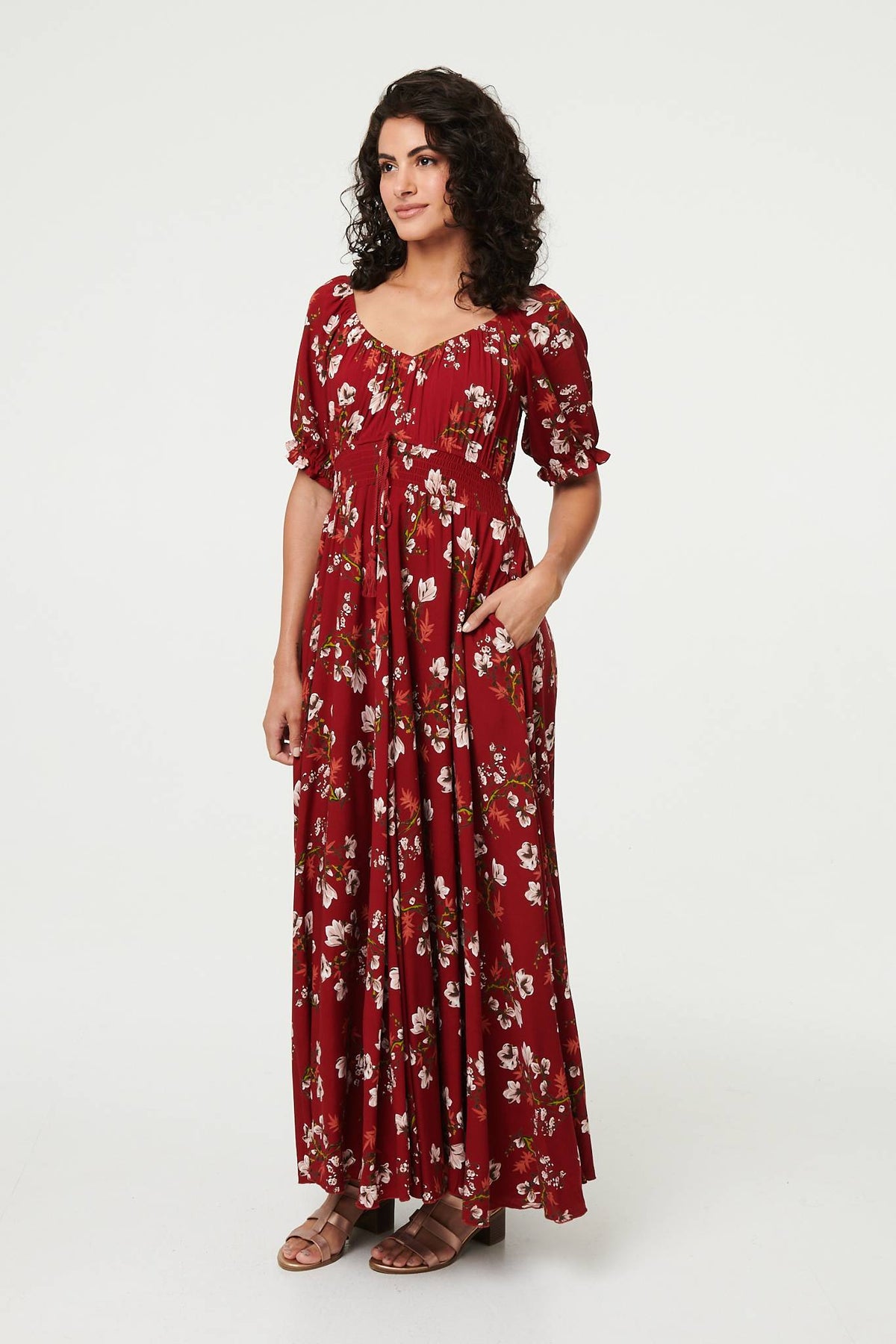 Floral Bardot Shirred Empire Maxi Dress Front View