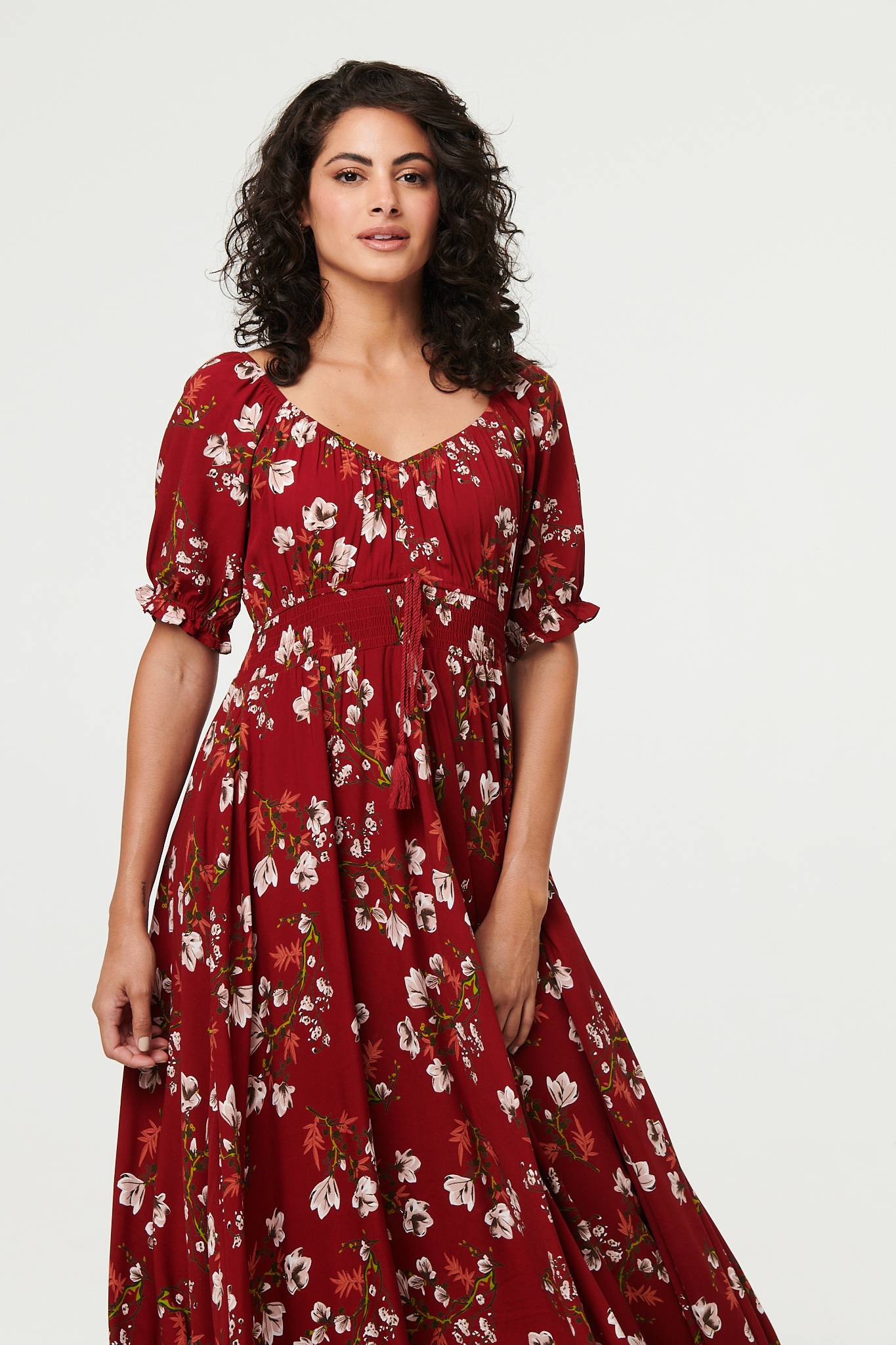 Floral Bardot Shirred Empire Maxi Dress Detail View 2