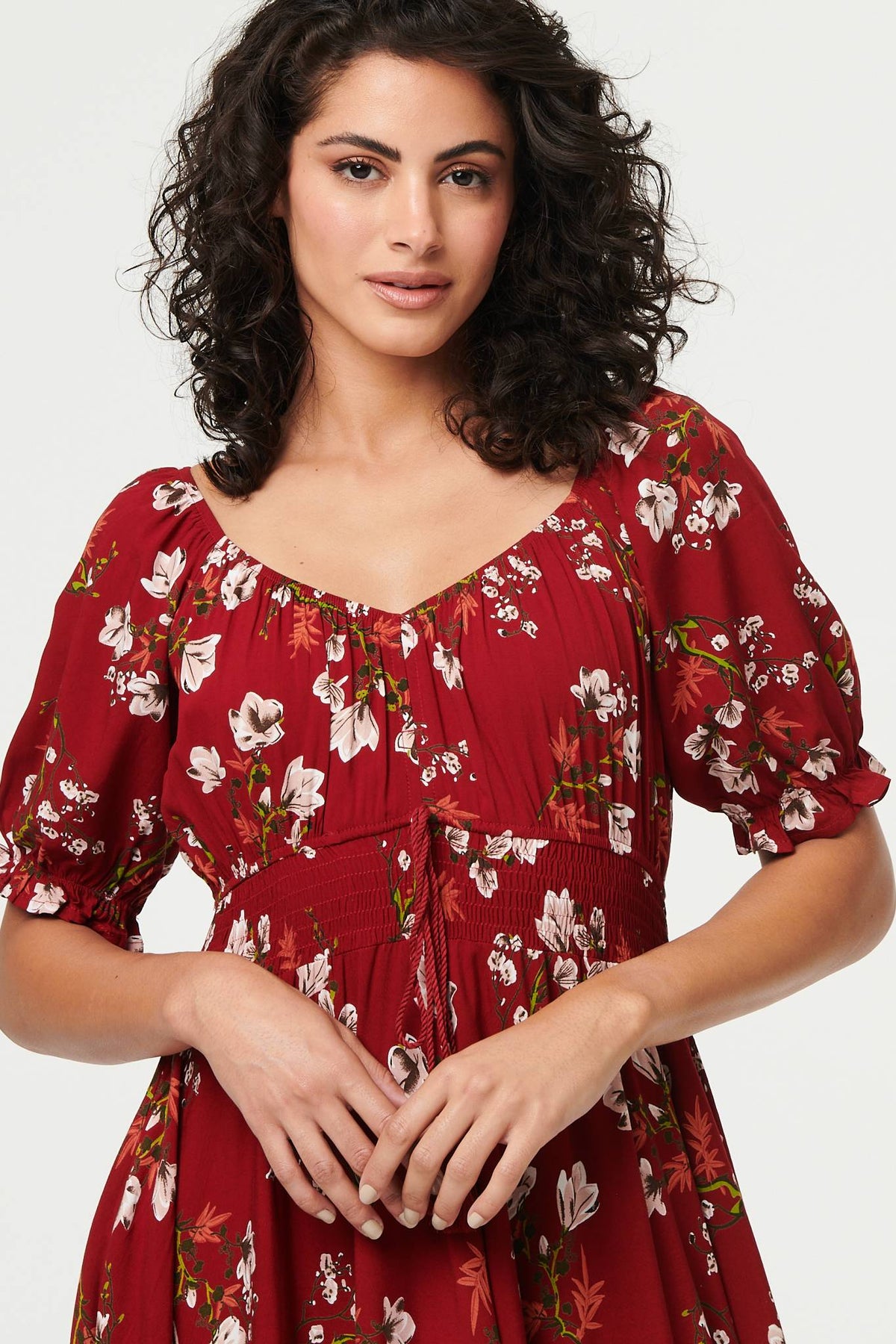 Floral Bardot Shirred Empire Maxi Dress Styled View 2