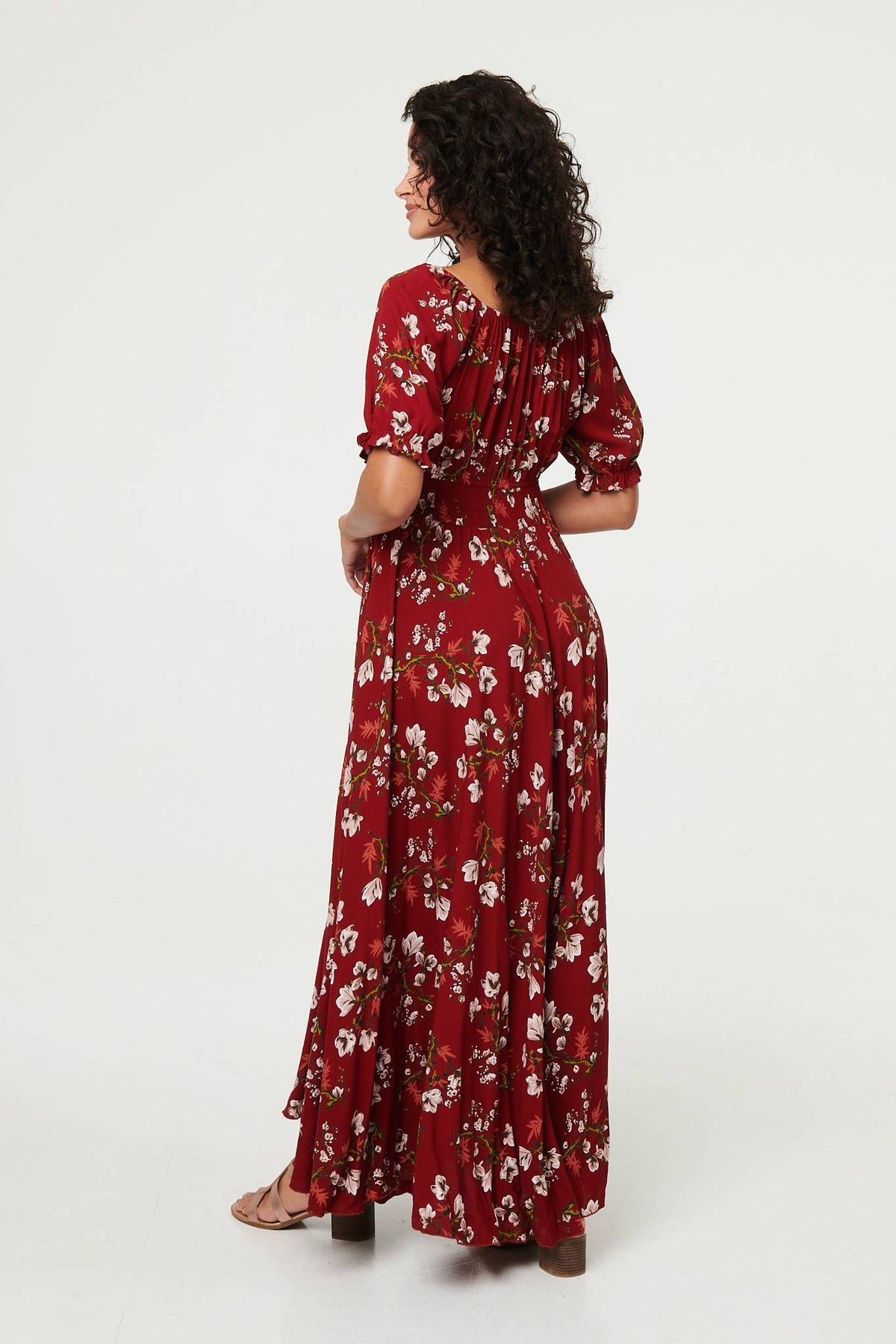 Floral Bardot Shirred Empire Maxi Dress Back View
