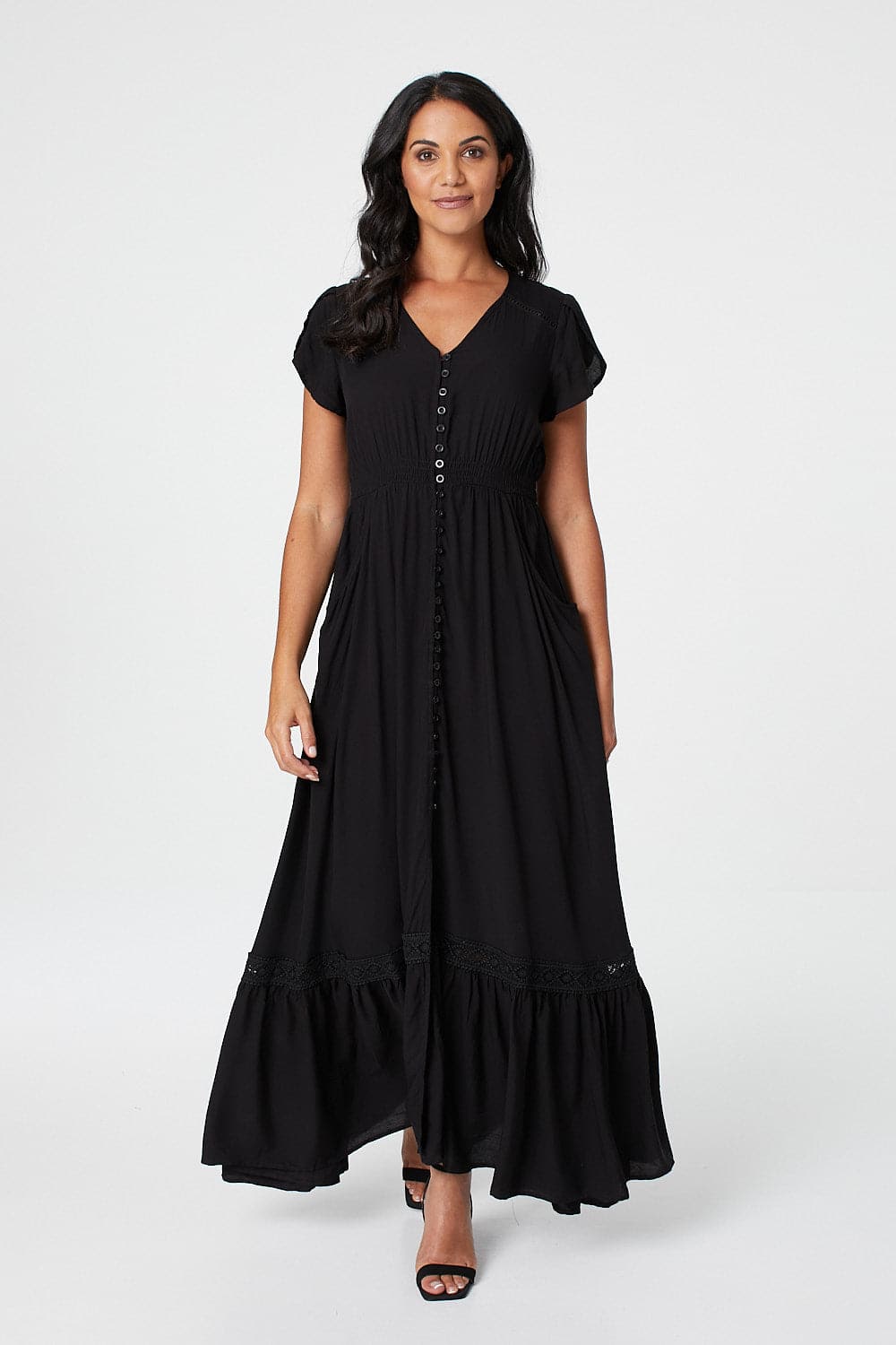Button Front Maxi Dress with Pockets Front View 8