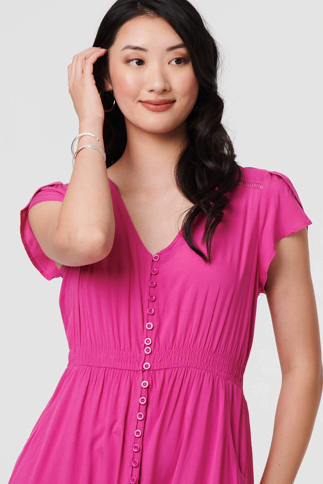 Button Front Maxi Dress with Pockets Full Length View 2