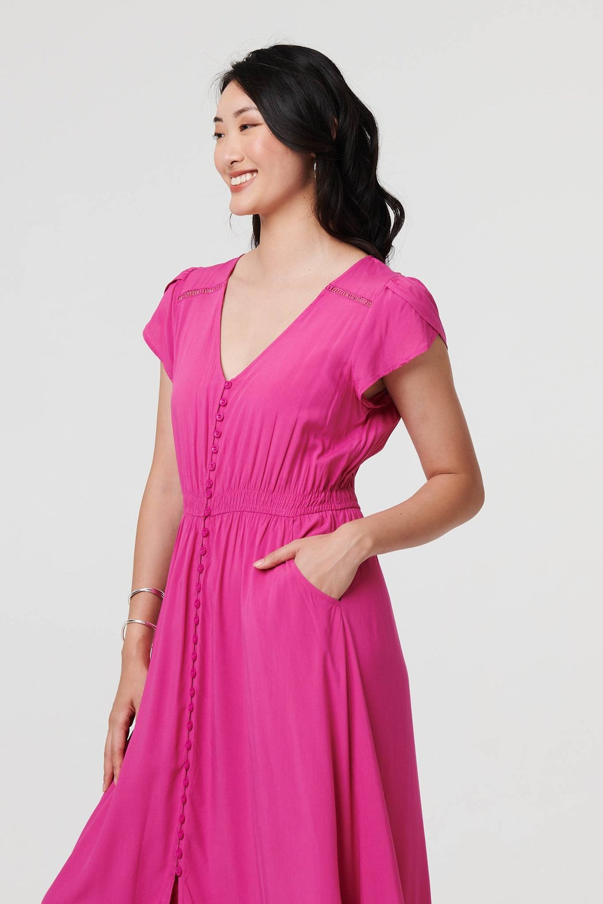 Button Front Maxi Dress with Pockets Front View 3