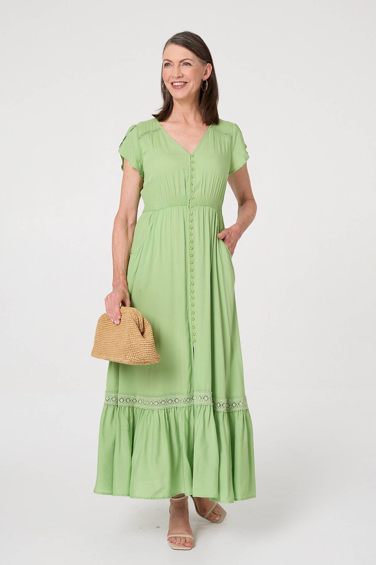 Button Front Maxi Dress with Pockets Styled View