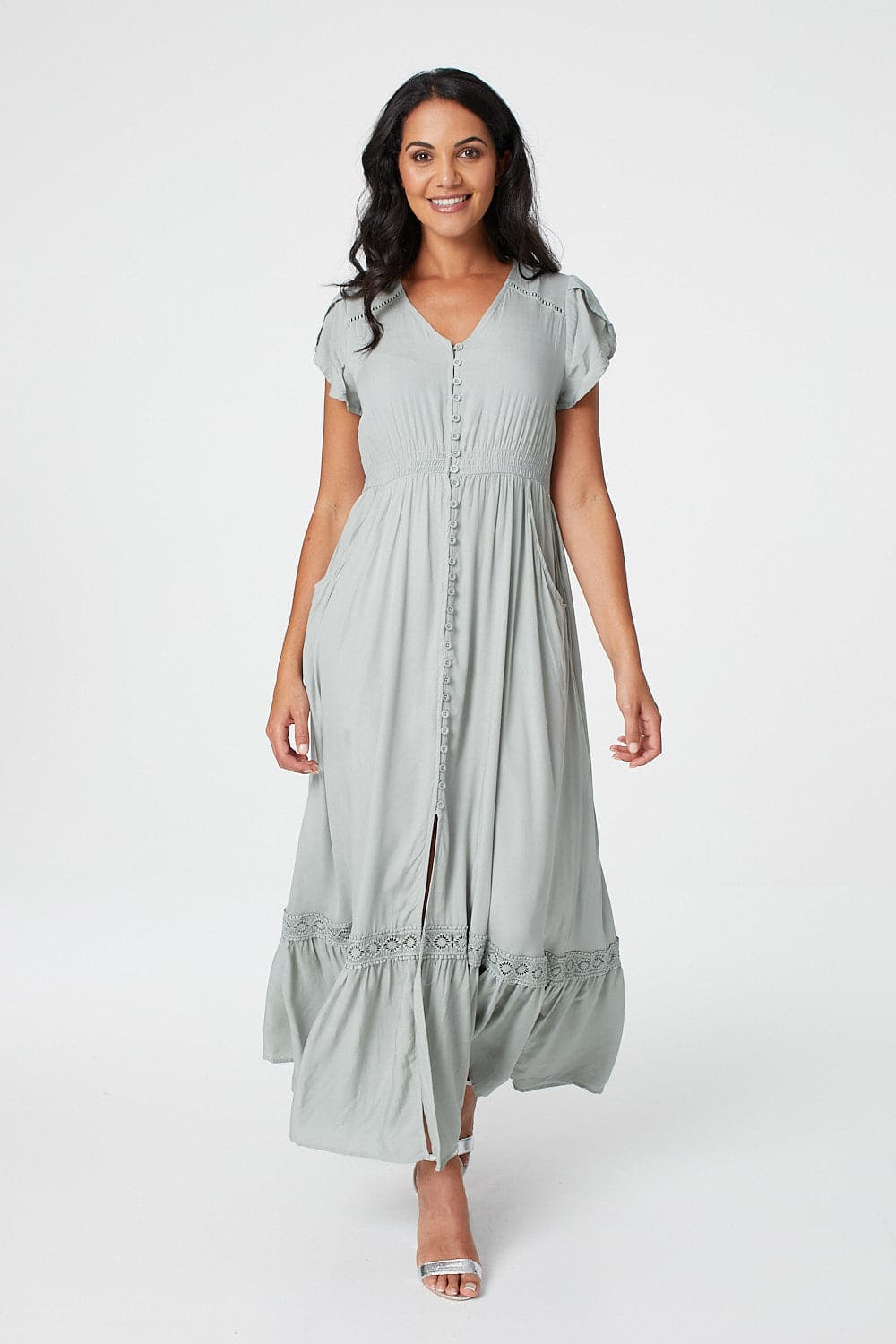 Button Front Maxi Dress with Pockets Front View 7
