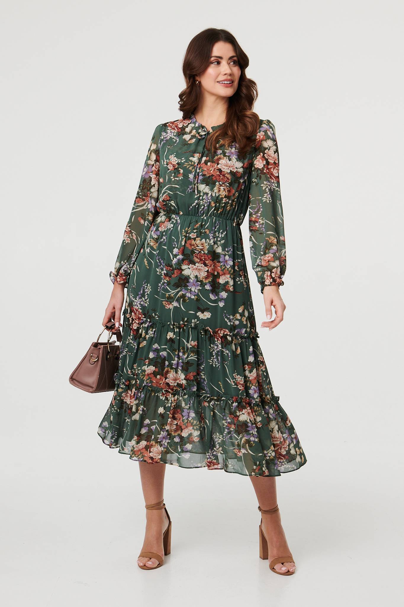 Floral Tiered Long Sleeve Midi Dress Back View