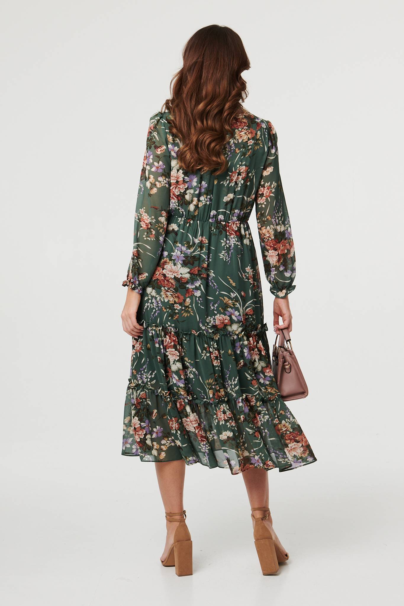 Floral Tiered Long Sleeve Midi Dress Side View