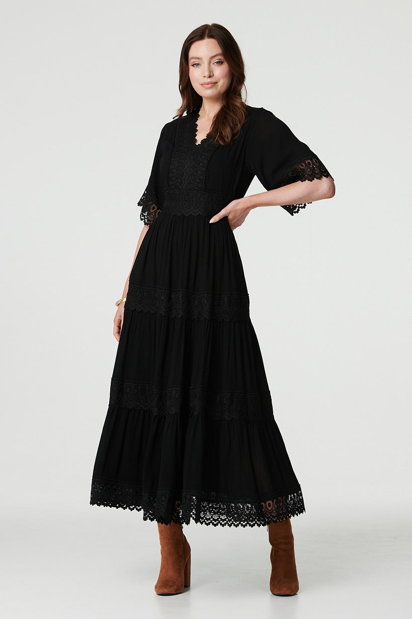 Short Sleeve Crochet Maxi Dress Front View 5