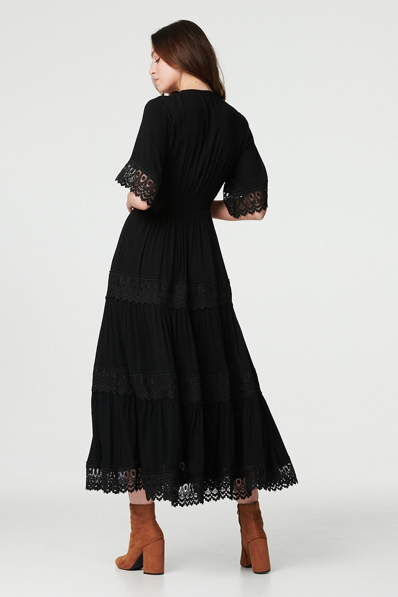 Short Sleeve Crochet Maxi Dress Front View 3